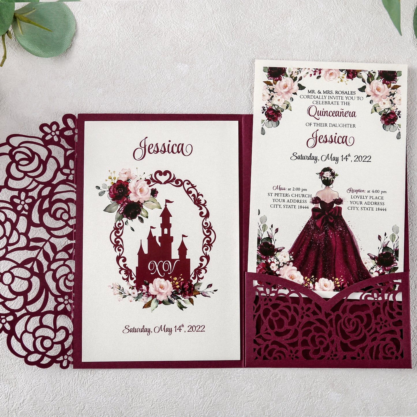 DreamBuilt 4.7 x7 inch Burgundy Laser Cut Hollow Rose Quinceanera Invitations Cards with Burgundy Pockets and Envelopes for Quinceanera Invite