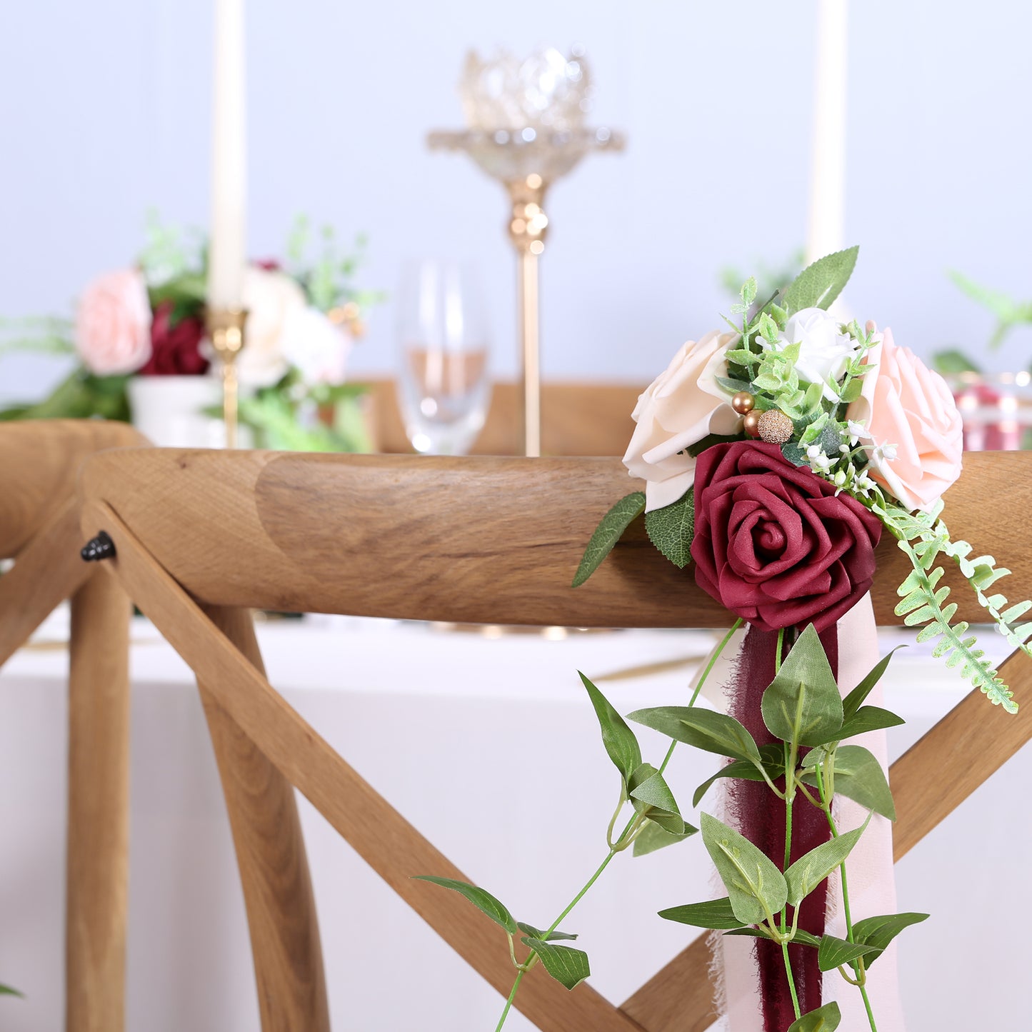 Wedding Aisle Decorations Burgundy Pew Flowers Set of 10 for Wedding Ceremony Party Chair Decor with Artificial Flowers Eucalyptus and Ribbons