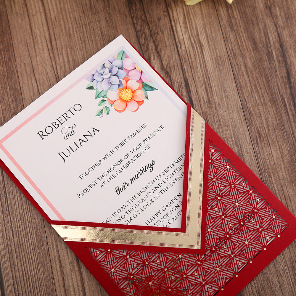 Red Floral Laser cut invitation cards for Wedding, Anniversary - DorisHome