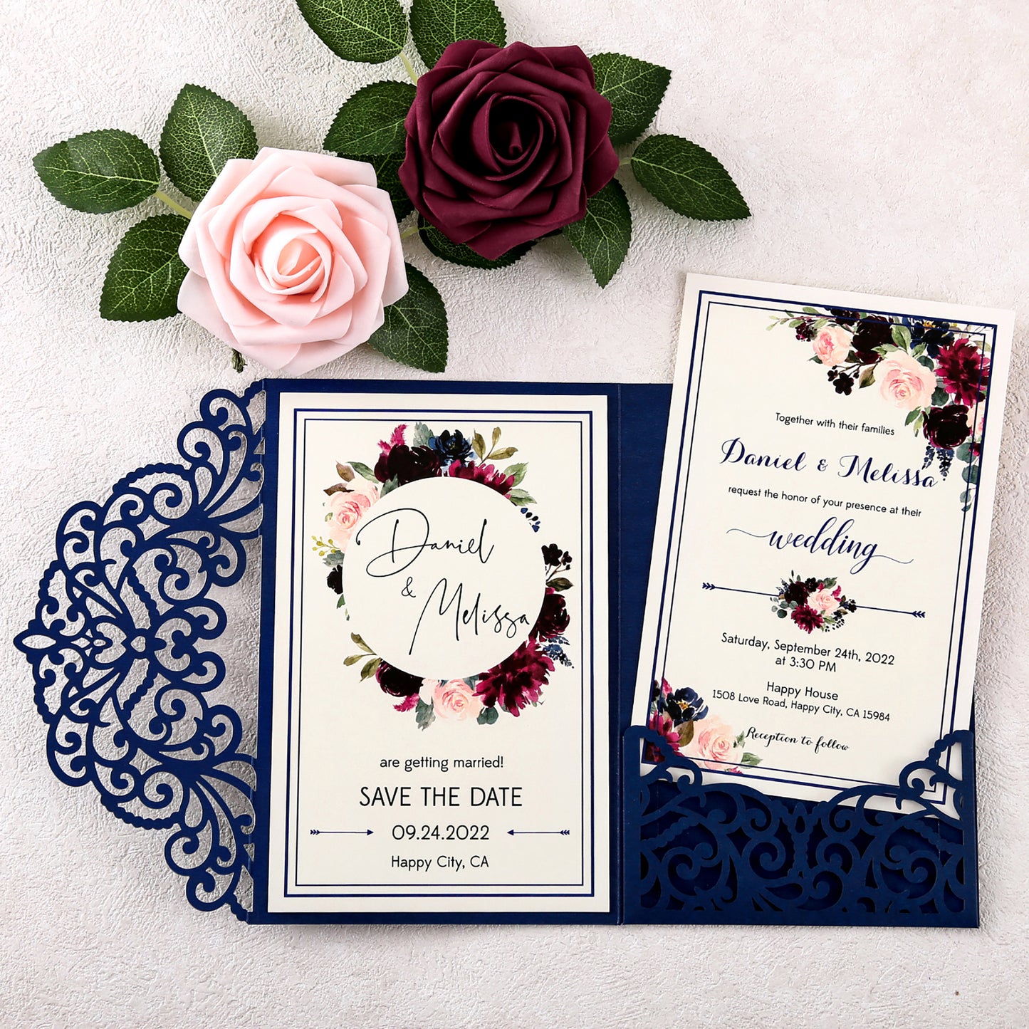 DreamBuilt 4.7 x7 inch Navy Blue Laser Cut Wedding Invitations With Envelopes Kit Hollow Rose Pocket And Gold Glitter Belly Band for Wedding Bridal Shower Engagement Invite