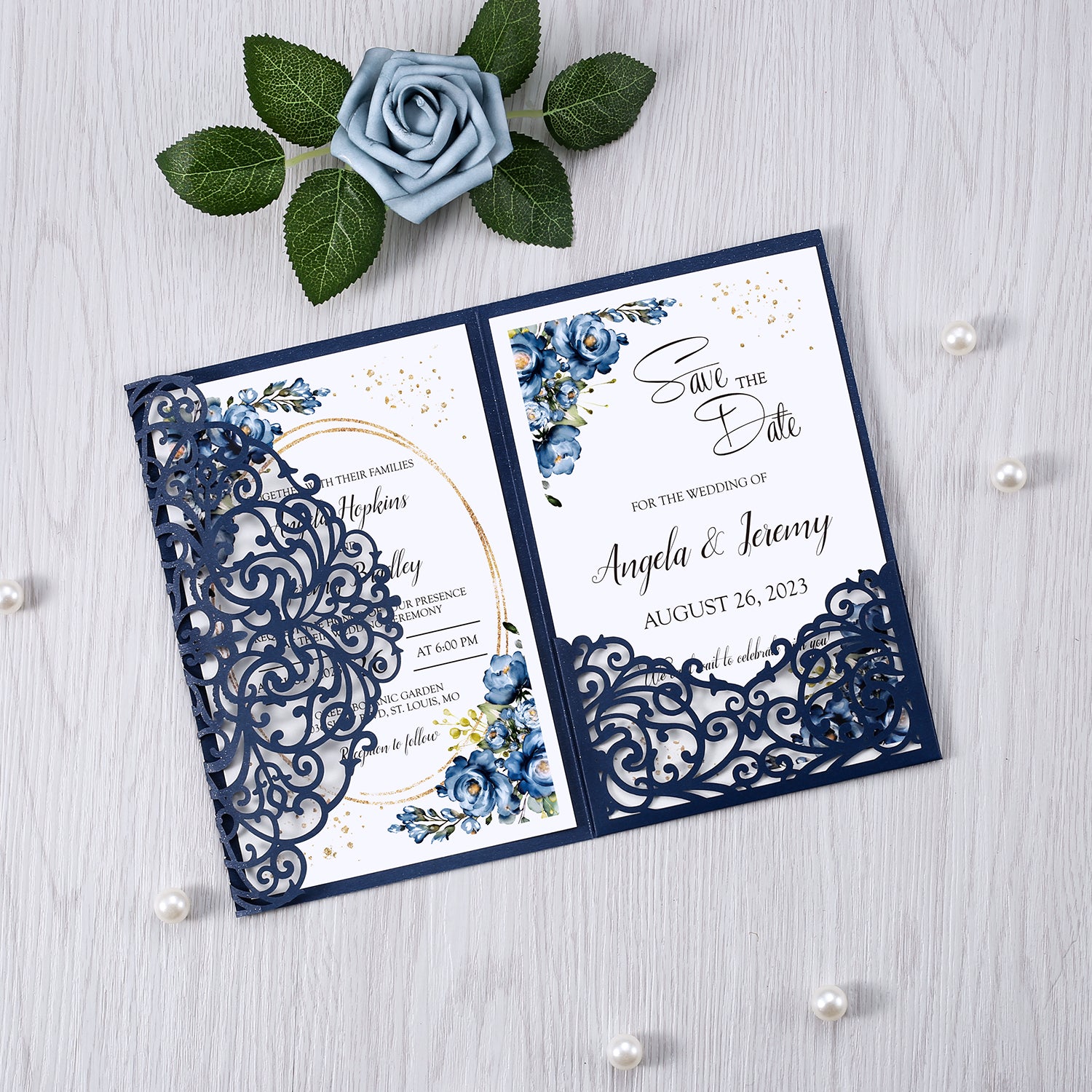4.7 x7 inch Blue Laser Cut Hollow Rose Wedding Invitations Cards with Envelopes for Wedding Party - DorisHome