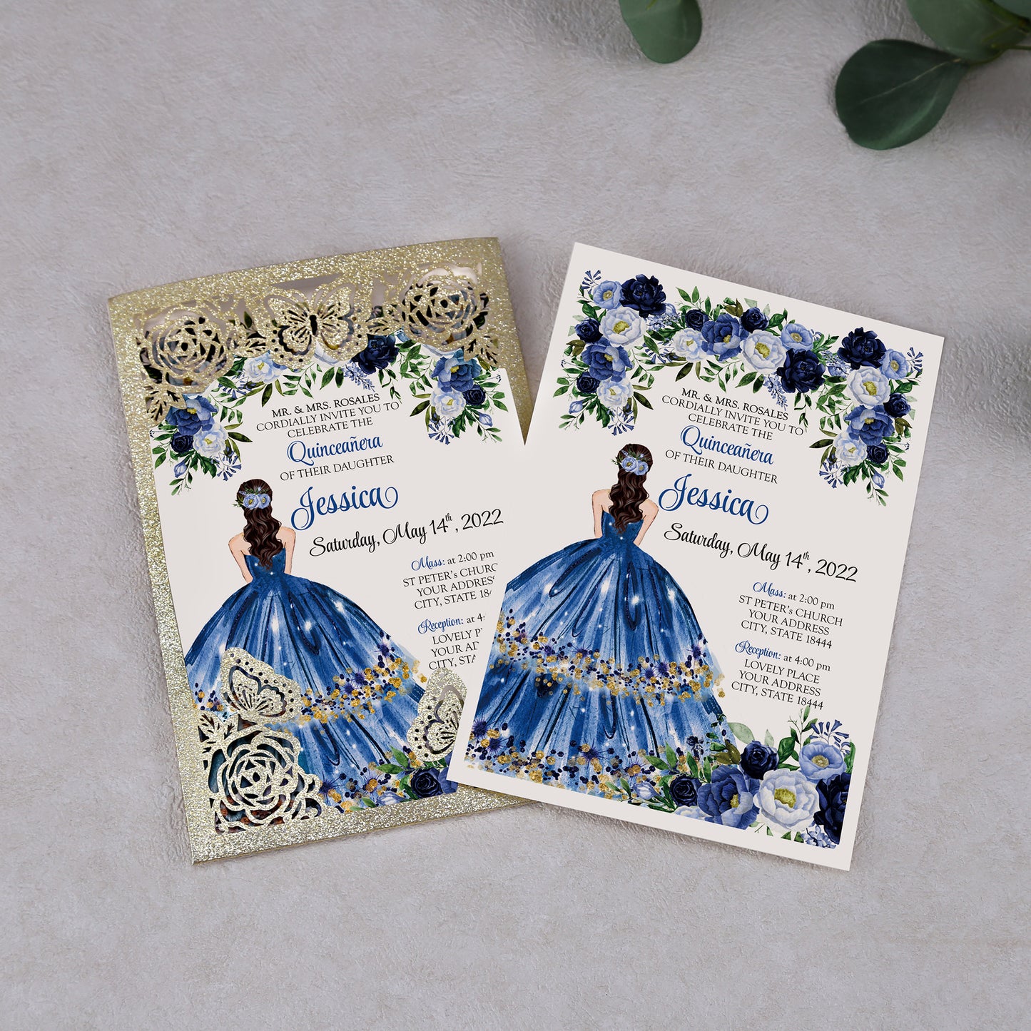 Light Gold Glitter with Hollow Butterflies Invitations Greeting Cards For Quinceanera