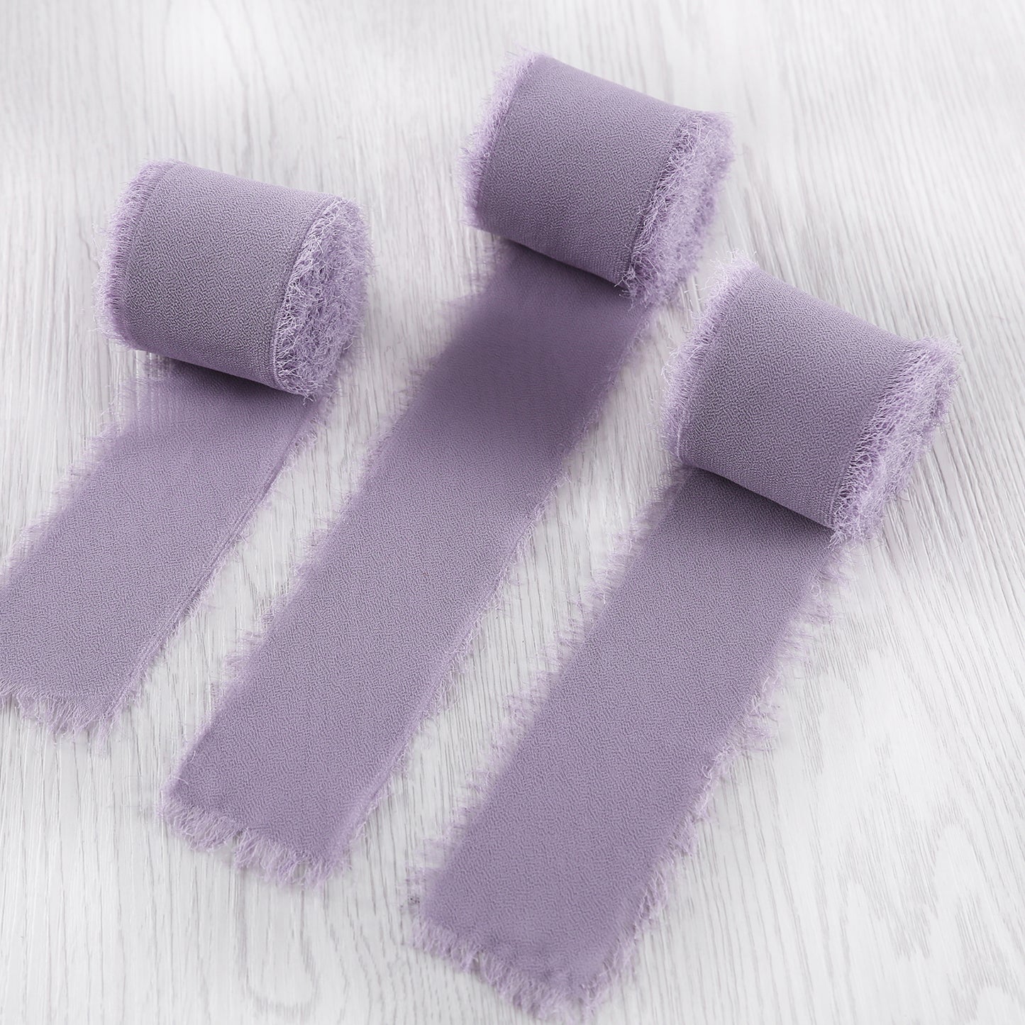 Handmade Fringe Chiffon Silk-Like Ribbon 2" x 7Yd Set of 3 Rolls Ribbons for Wedding Invitations, Bouquets, Gift Wrapping (3 Rolls Pastel Purple)