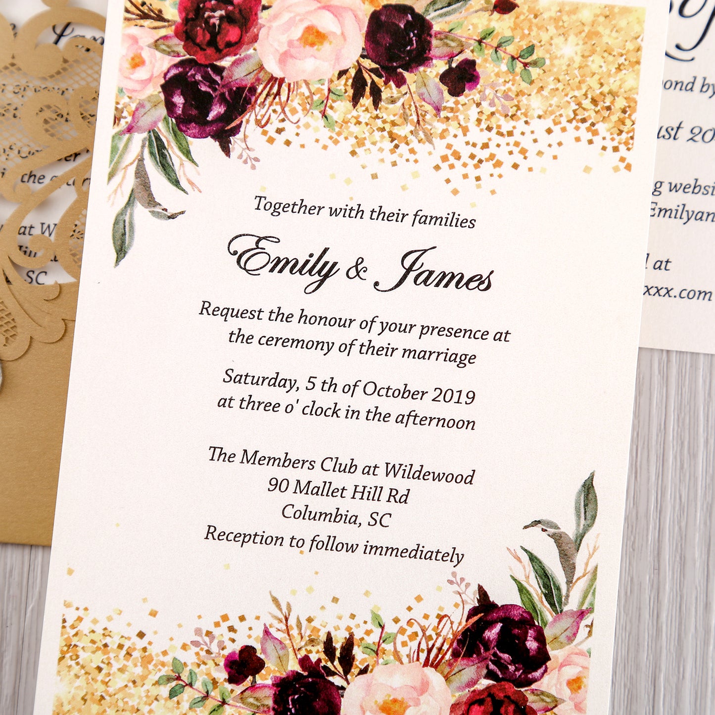 Gold Wedding Invitation With Rhinestone & Laser Cut Flower