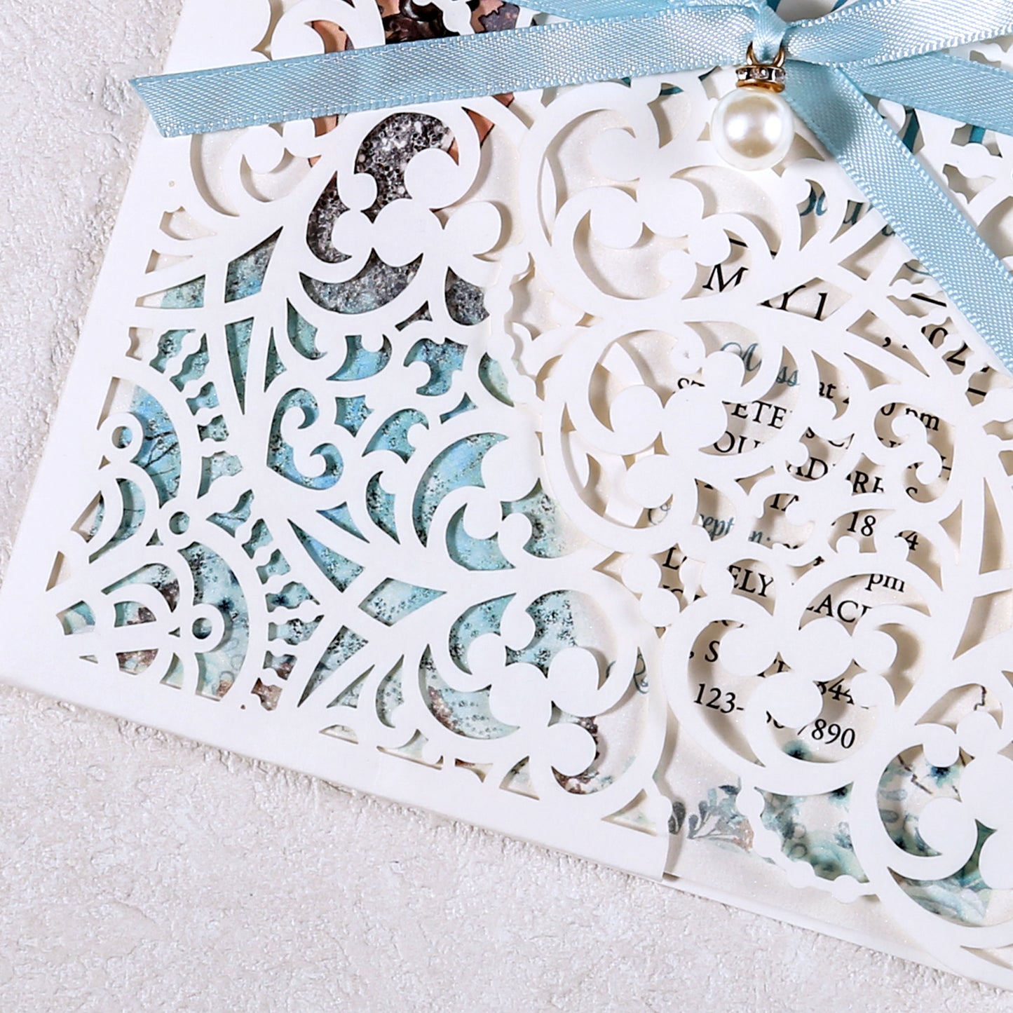 5 X 7.2" Laser Cut Hollow Rose Wedding invitations Cards With Blue Ribbon And Envelopes For Quinceanera Sweet 15 Invite - DorisHome