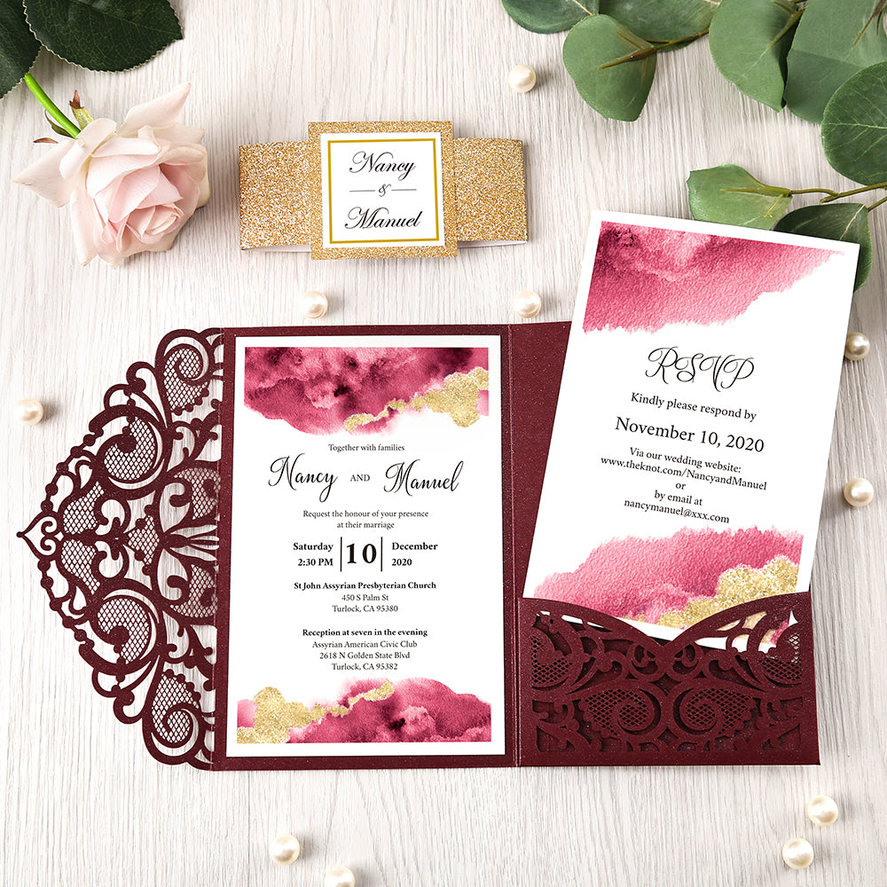 Pearlized Burgundy Floral Laser cut Wedding Invitation with Glitter Gold Bellyband for Wedding, Anniversary, Quinceanera - DorisHome