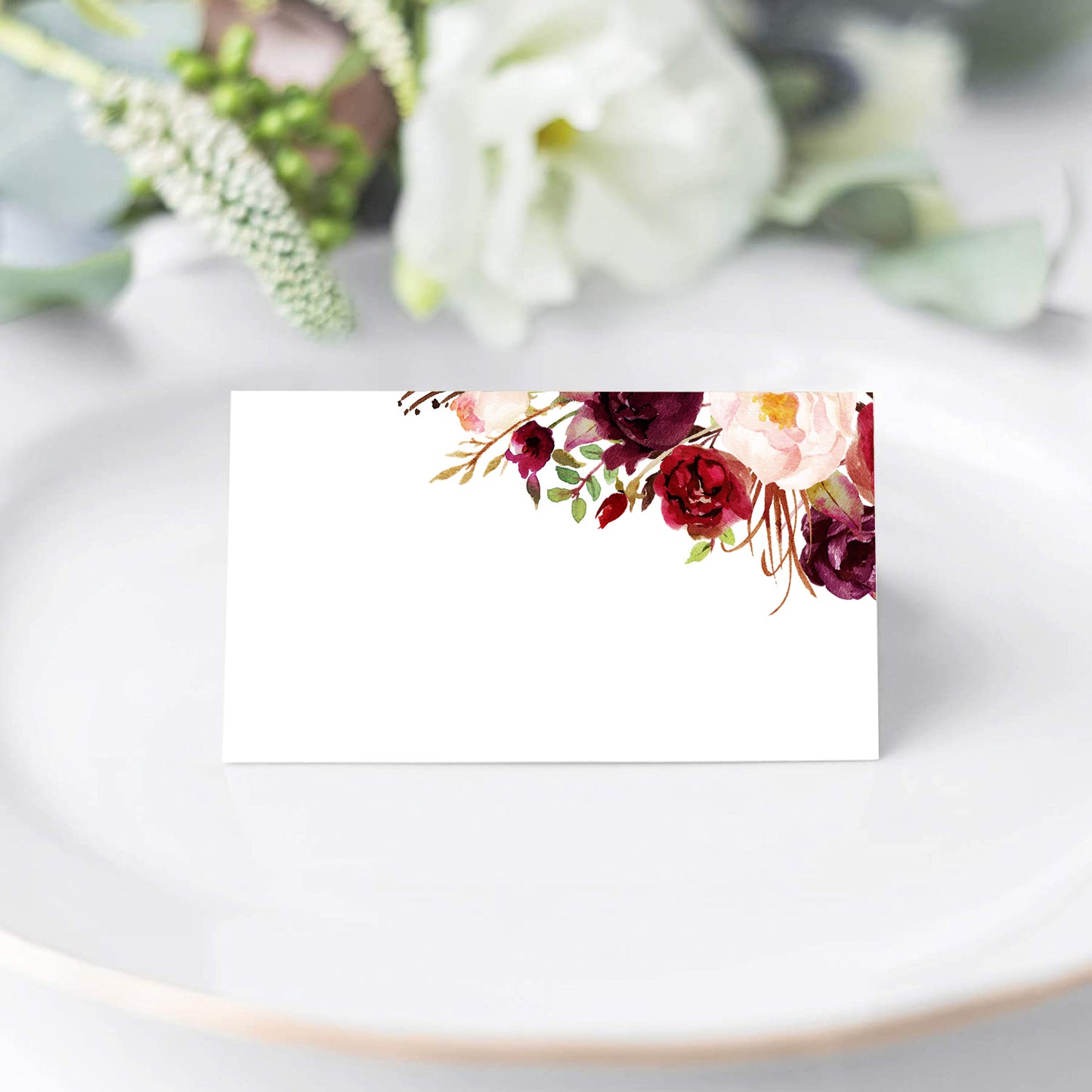 Floral Place Cards for Wedding or Party, Seating Place Cards for Tables, Scored for Easy Folding, Burgundy Flower Design, 2 x 3.5 Inches