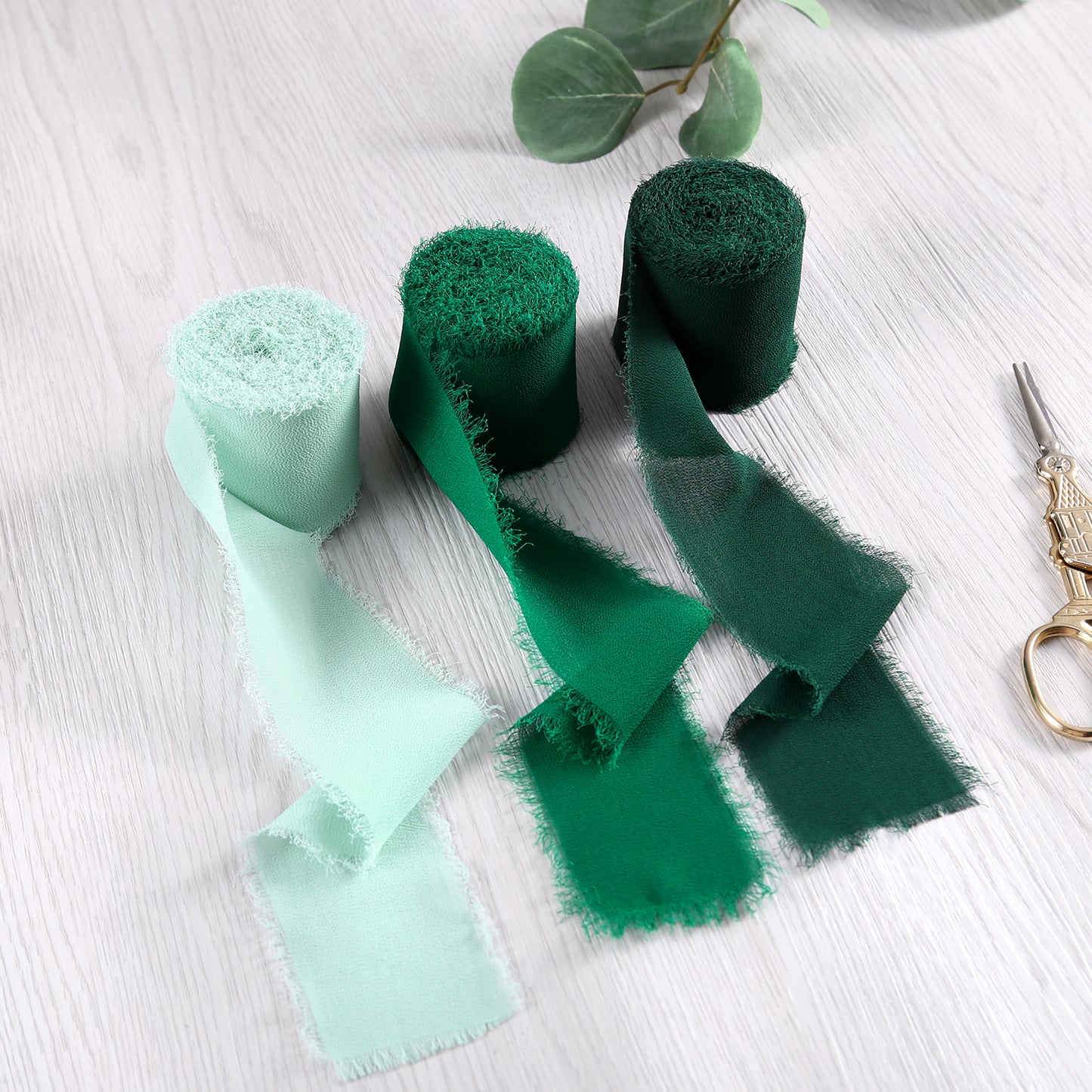 Handmade Fringe Chiffon Silk-Like Ribbon 2" x 7Yd Set of 3 Rolls Ribbons for Wedding Invitations, Bouquets, Gift Wrapping (3 Rolls Dark Green/Forest Green/Mint Green)