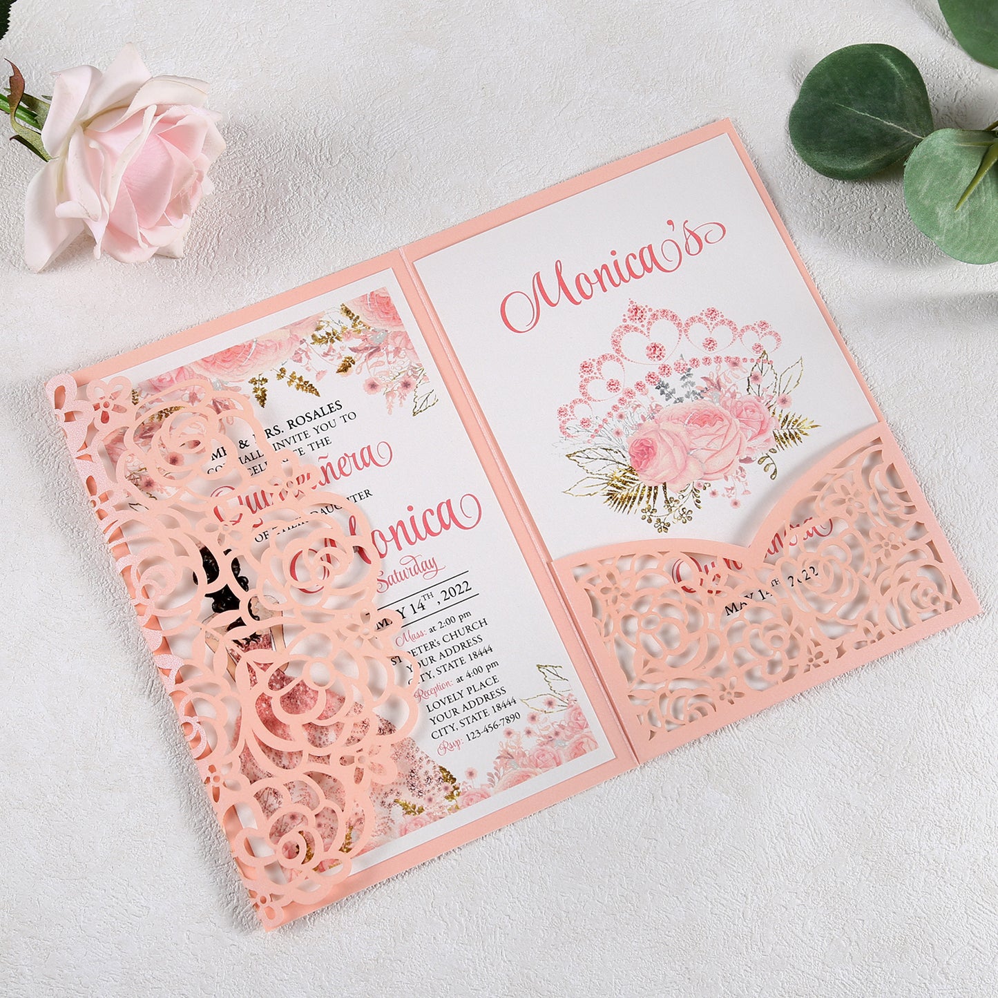 4.7 x7 inch Pink Laser Cut Hollow Rose Wedding Invitations Cards with Pearlized Pockets and Envelopes for Wedding Bridal Shower - DorisHome
