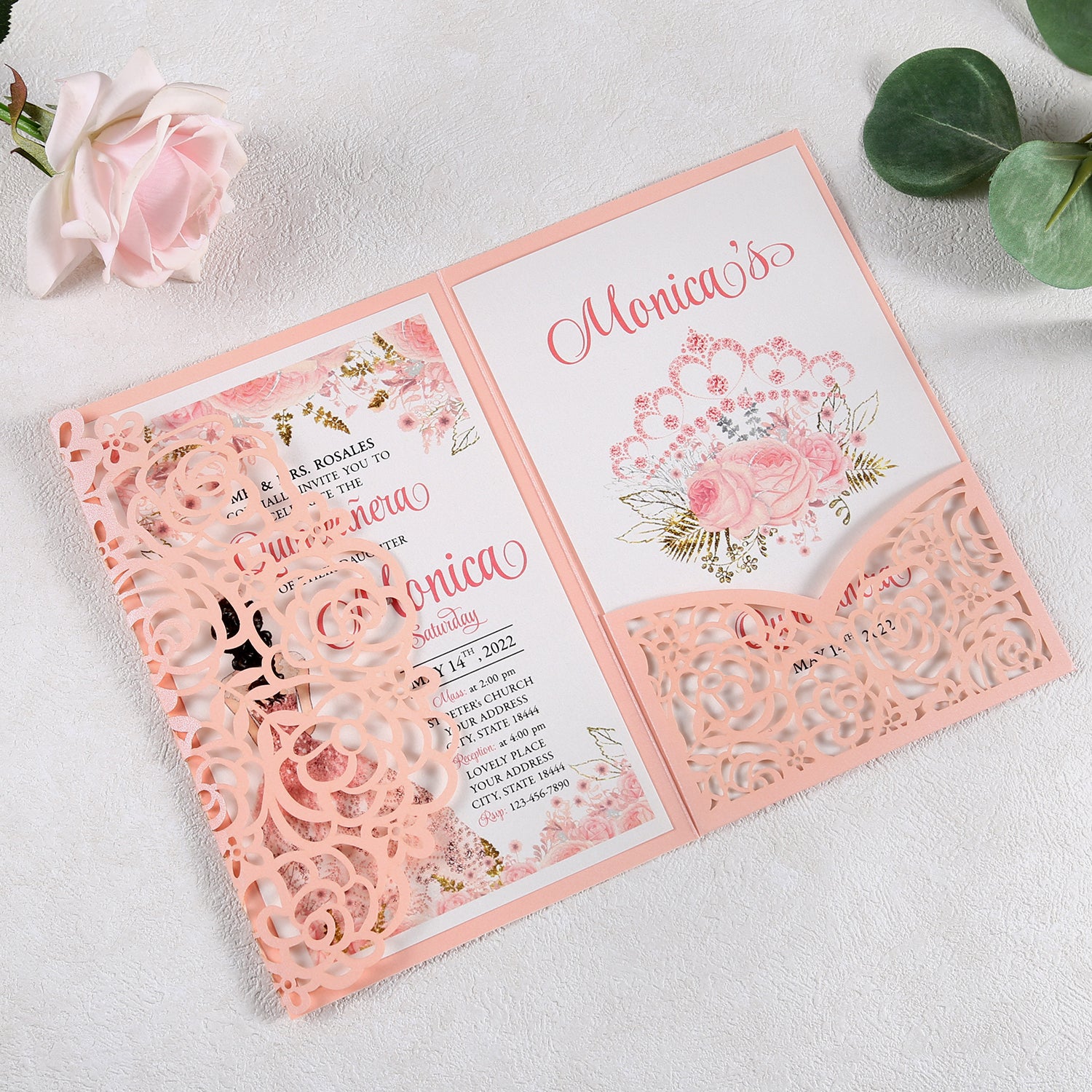 4.7 x7 inch Pink Laser Cut Hollow Rose Wedding Invitations Cards with Pearlized Pockets and Envelopes for Wedding Bridal Shower - DorisHome