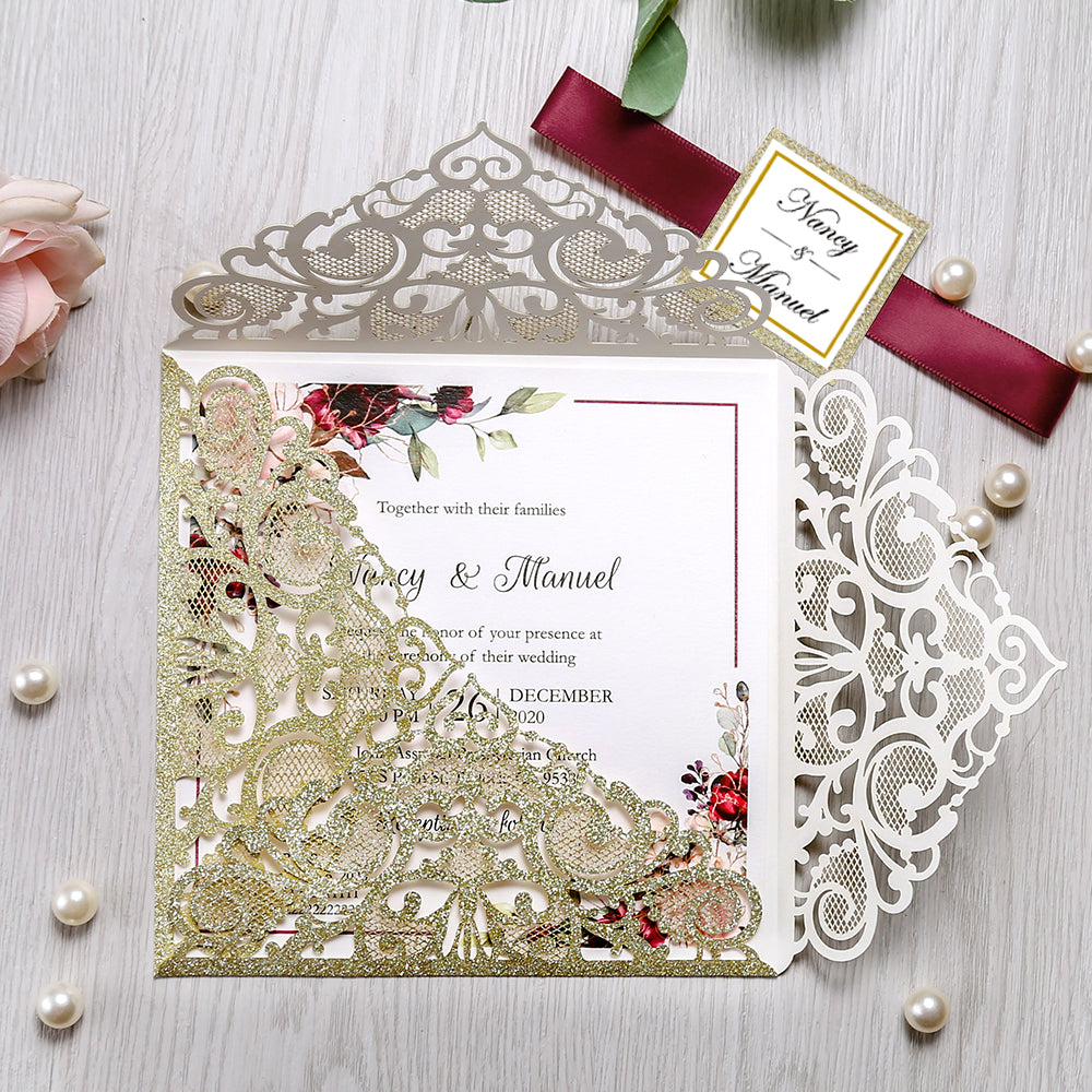 Square Glitter Gold Wedding Invitations with Burgundy Ribbon Belly Band for Wedding - DorisHome