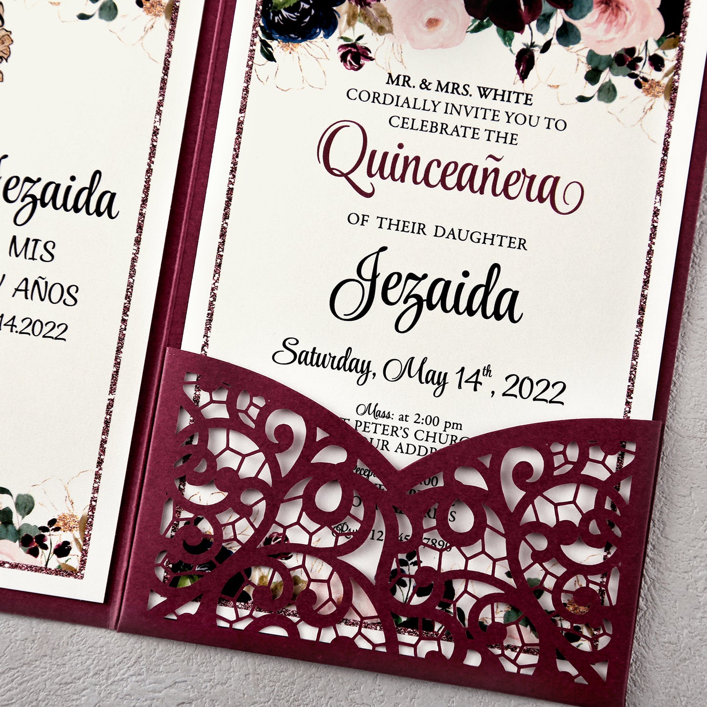4.7 x7 inch Burgundy Laser Cut Hollow Rose Quinceanera Invitations Cards with Envelopes for Quinceanera Party