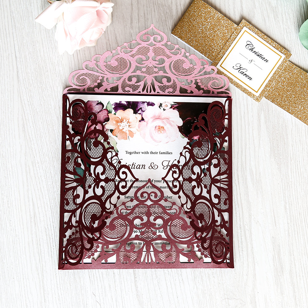Square Burgundy Wedding Invitations with Gold Glitter Belly Band for Wedding - DorisHome