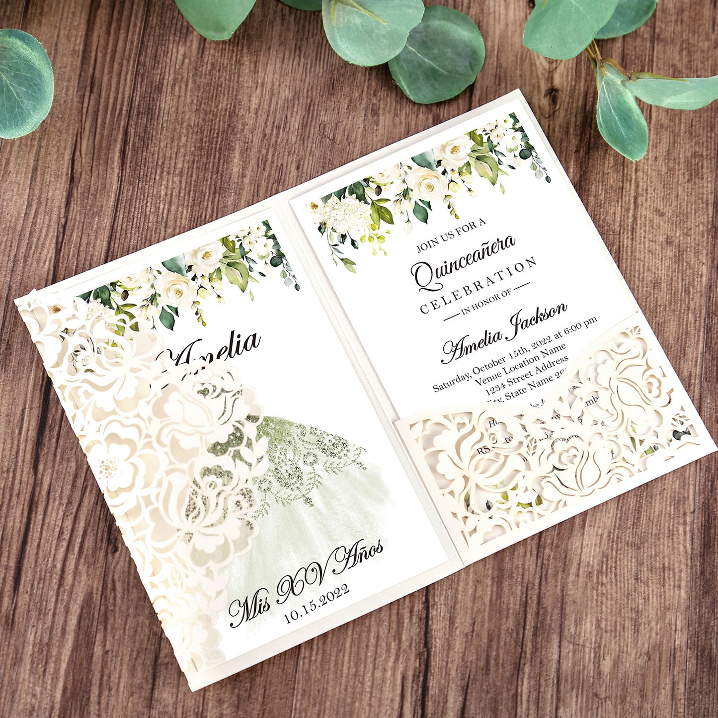 White Floral Laser cut invitation cards for Quinceanera