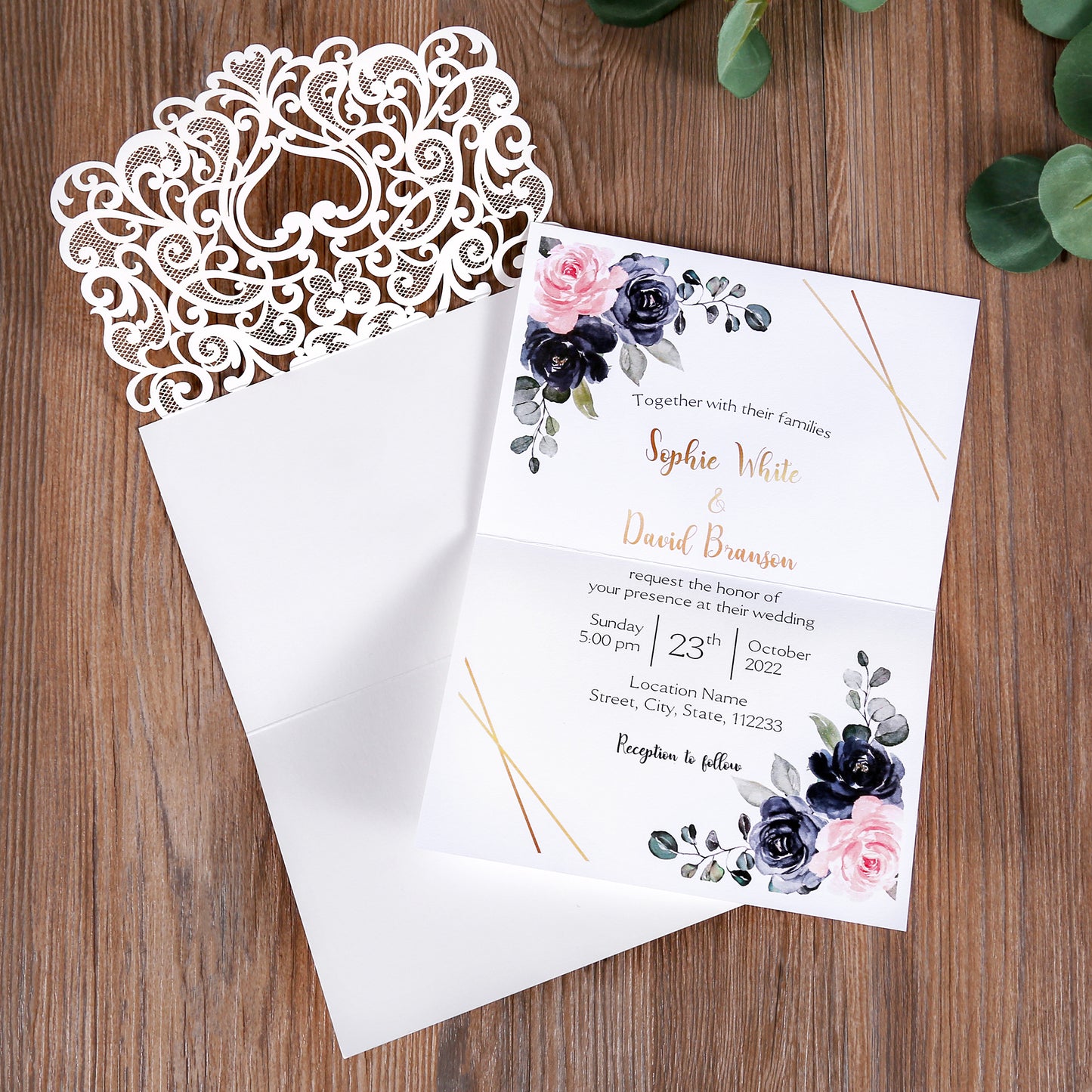 Ivory White Laser Cut Flower with Bowknot Wedding Invitations,Invitations