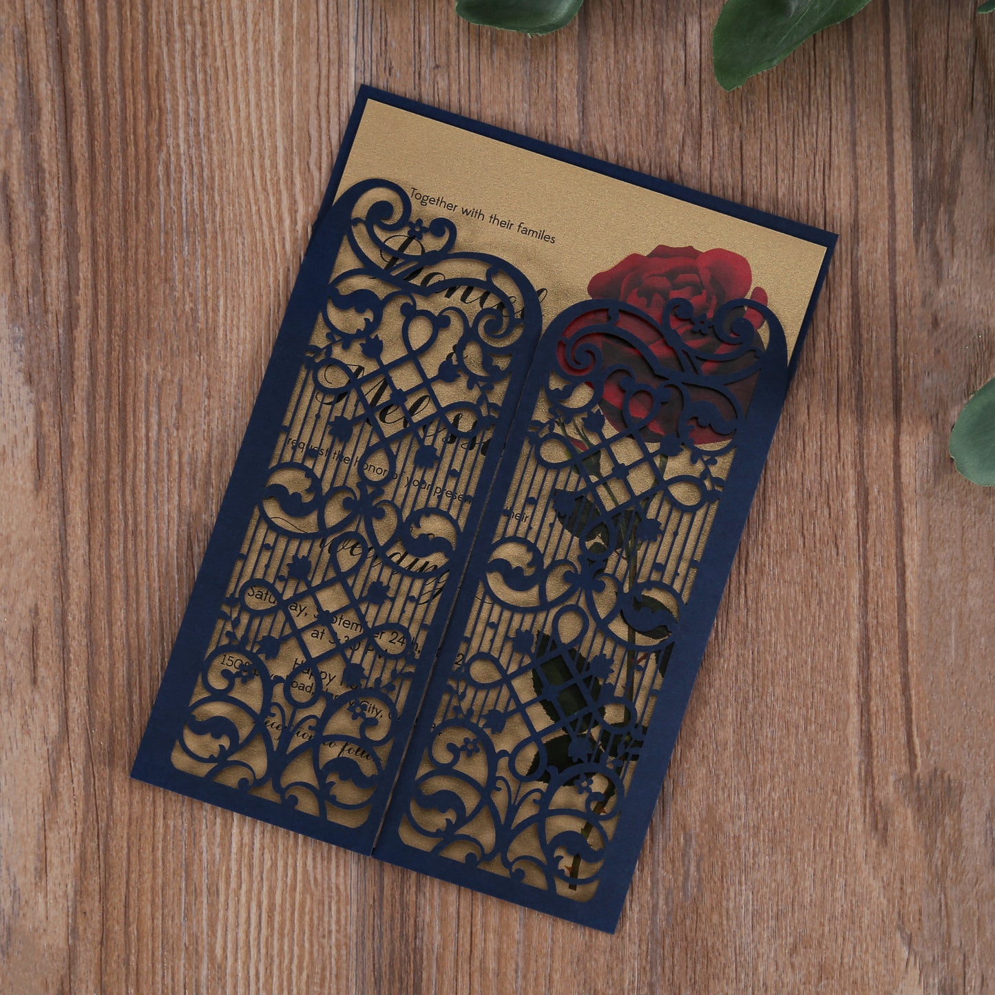 Vertical Navy Blue Elegant Wedding Invitation With Laser Cut Flower, CW5102