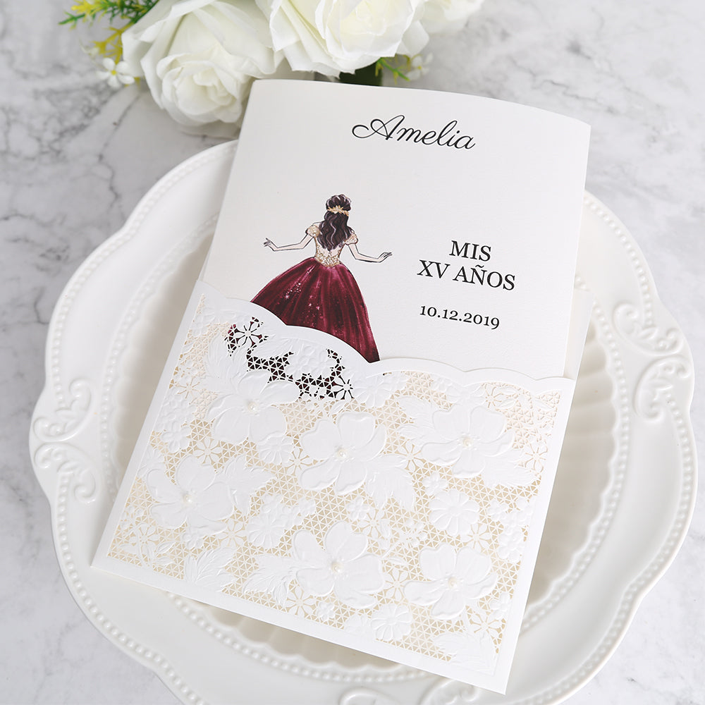 Ivory White Small Pearl Lace Invitations,Invitations - DorisHome