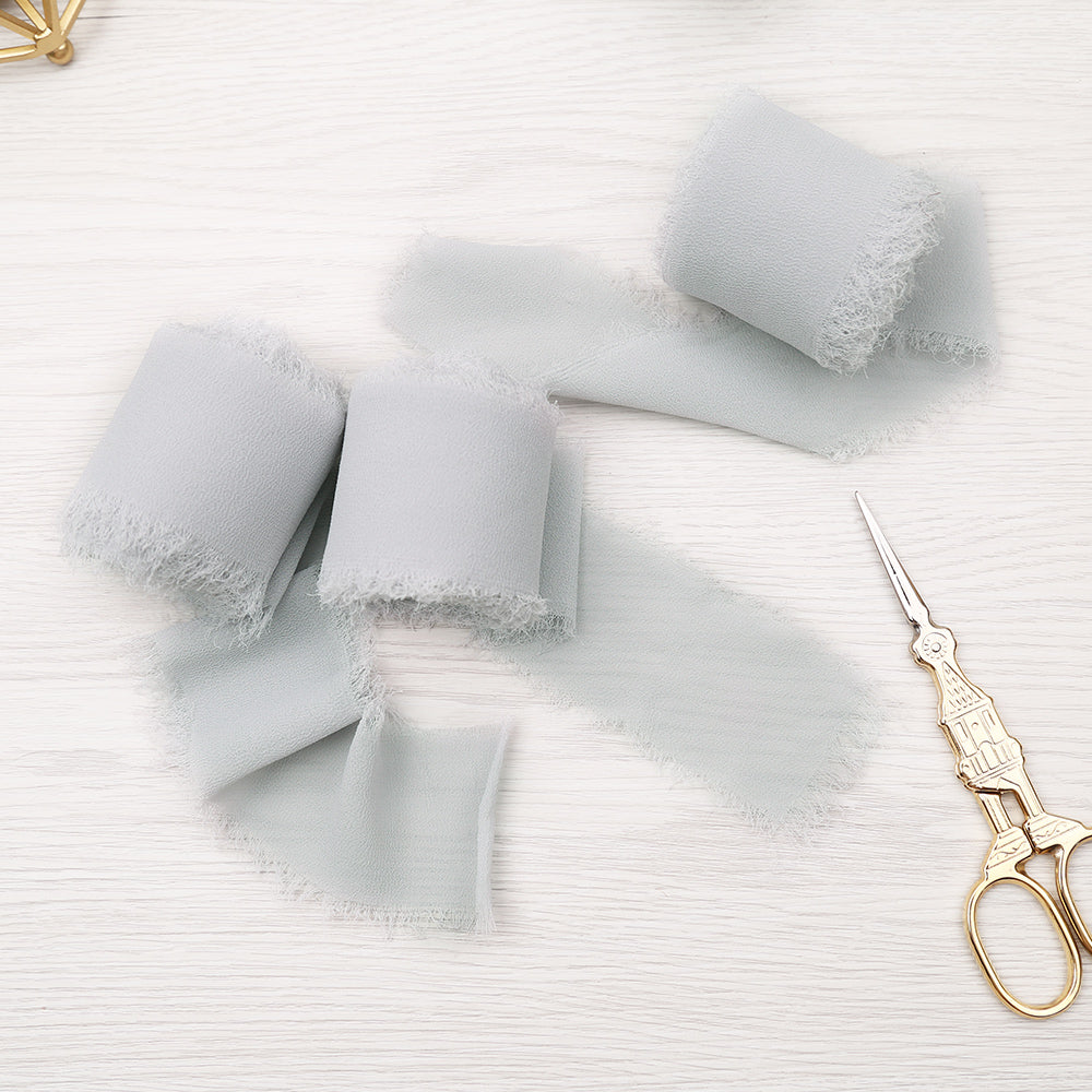 Handmade Fringe Chiffon Silk-Like Ribbon 2" x 7Yd Set of 3 Rolls Ribbons for Wedding Invitations, Bouquets, Gift Wrapping (3 Rolls Light Grey) - DorisHome