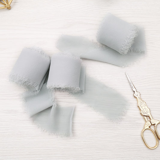Handmade Fringe Chiffon Silk-Like Ribbon 2" x 7Yd Set of 3 Rolls Ribbons for Wedding Invitations, Bouquets, Gift Wrapping (3 Rolls Light Grey) - DorisHome