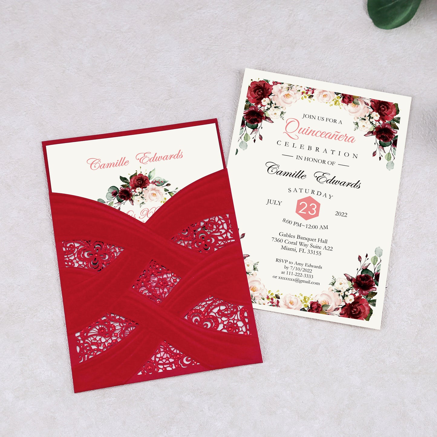 Red Vertical Laser Cut Invitation Cards for Quinceanera / Sweet 16