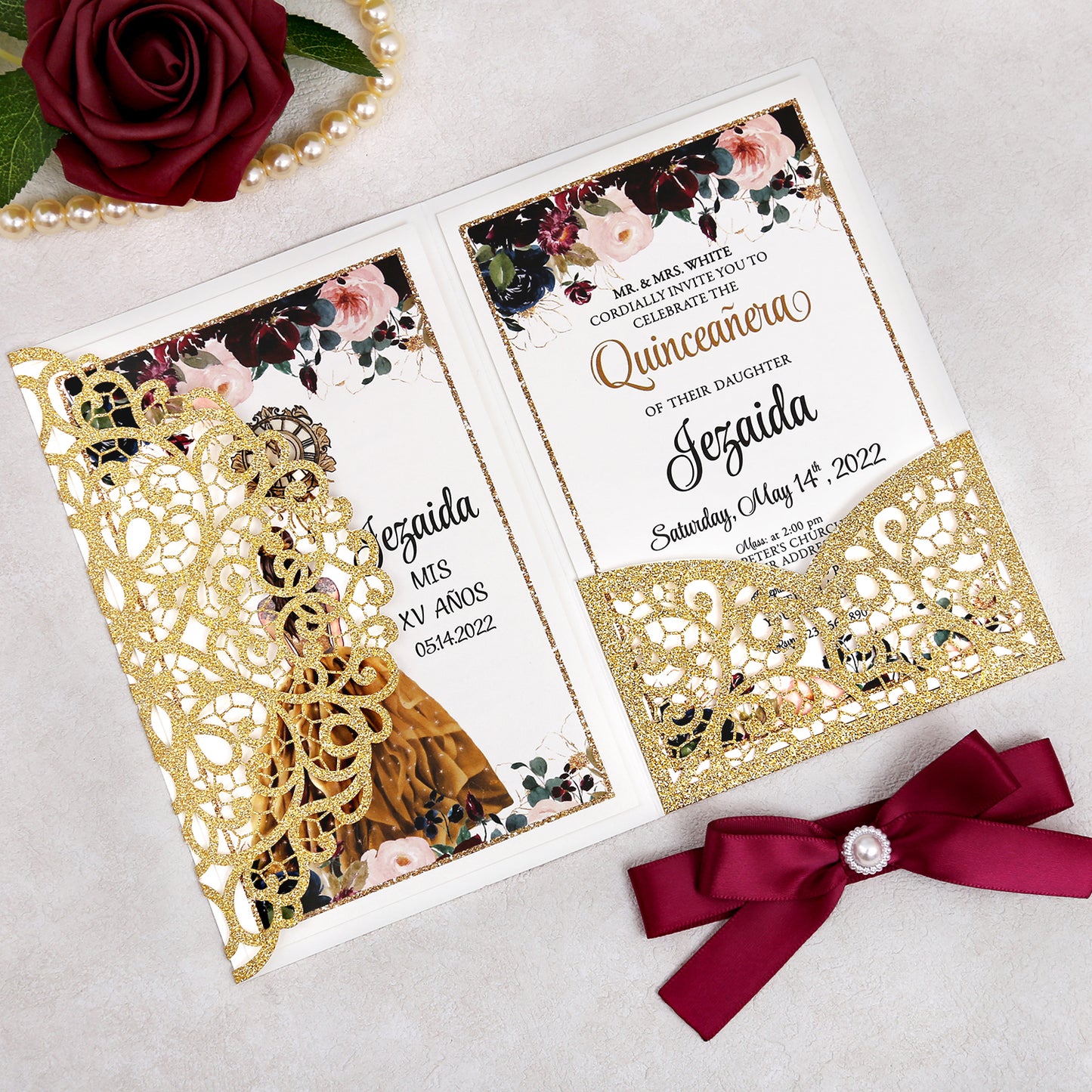 4.7 x7 inch Gold Glitter Laser Cut Hollow Rose Quinceanera Invitations Cards with Envelopes for Quinceanera Party