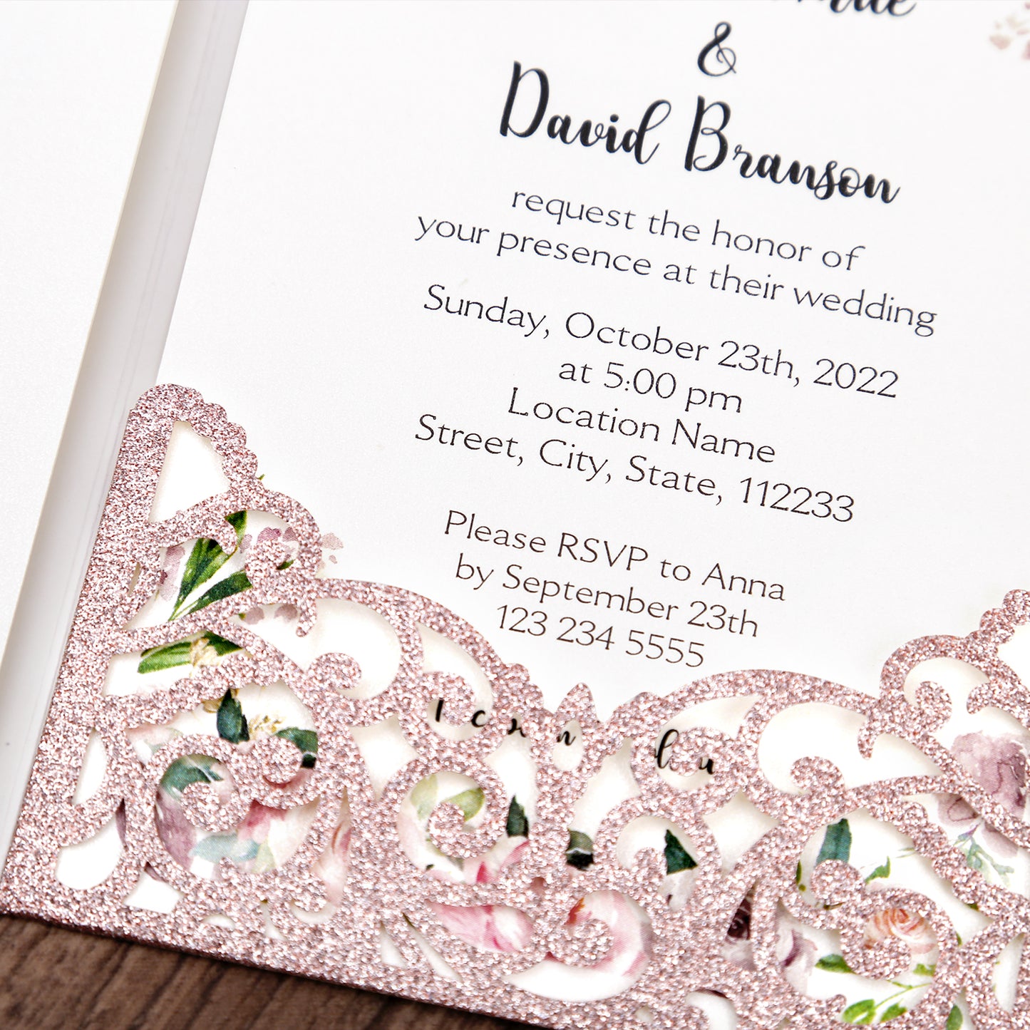DreamBuilt 4.7 x7 inch Rose Gold Glitter Laser Cut Wedding Invitations With Envelopes Kit Hollow Rose Pocket And Burgundy Ribbon Belly Band for Wedding Bridal Shower Engagement Invite