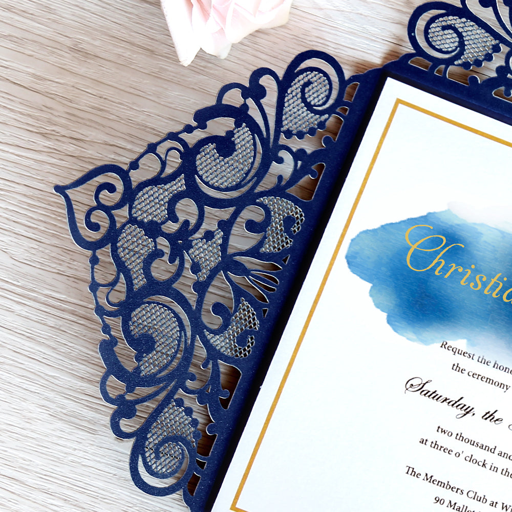 Square Blue Wedding Invitations with Glitter Belly Band for Wedding - DorisHome