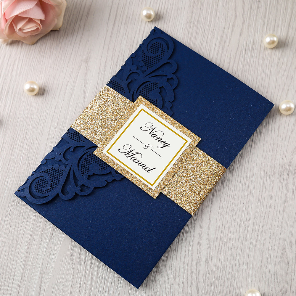 Pearlized Blue Floral Laser cut Wedding Invitation with Glitter Gold Bellyband for Wedding, Anniversary, Quinceanera - DorisHome