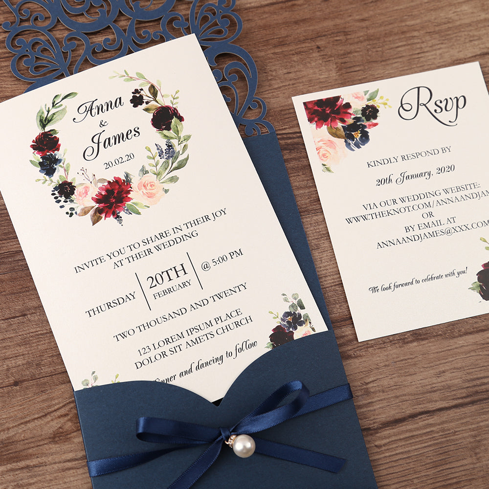 Navy Blue Pearl Pendant Floral Laser cut invitation cards for Wedding Anniversary - DorisHome