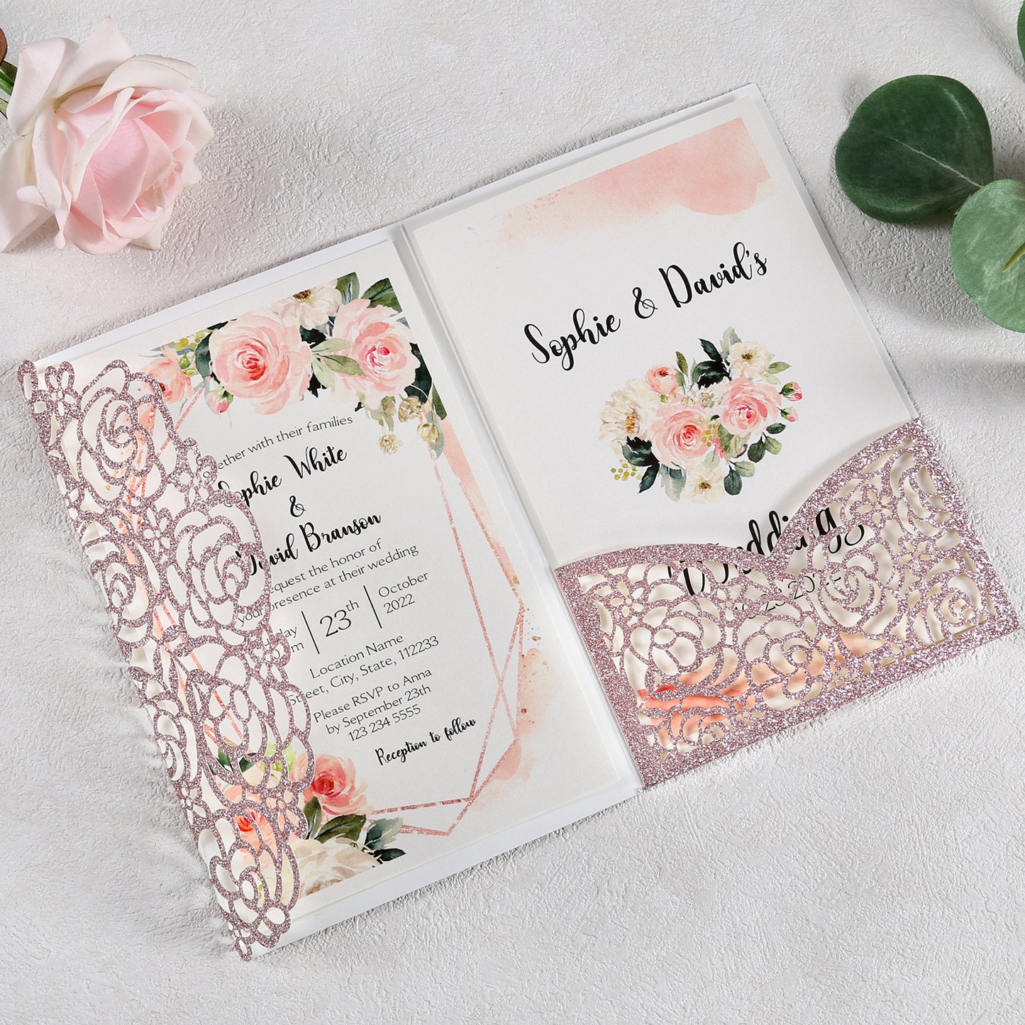 4.7 x7 inch Rose Gold Laser Cut Hollow Rose Wedding Invitations Cards with Glitter Pockets and Envelopes for Wedding Bridal Shower - DorisHome