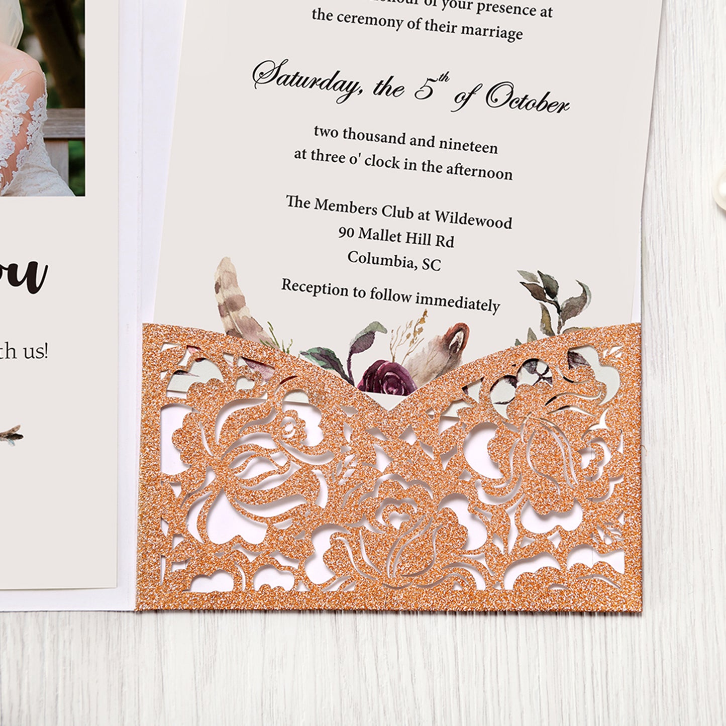 4.7 x7 inch Bronze Glitter Laser Cut Hollow Rose Wedding Invitations Cards with Envelopes