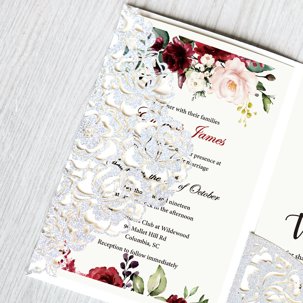 Glitter Silver Floral Laser cut invitation cards for Wedding - DorisHome