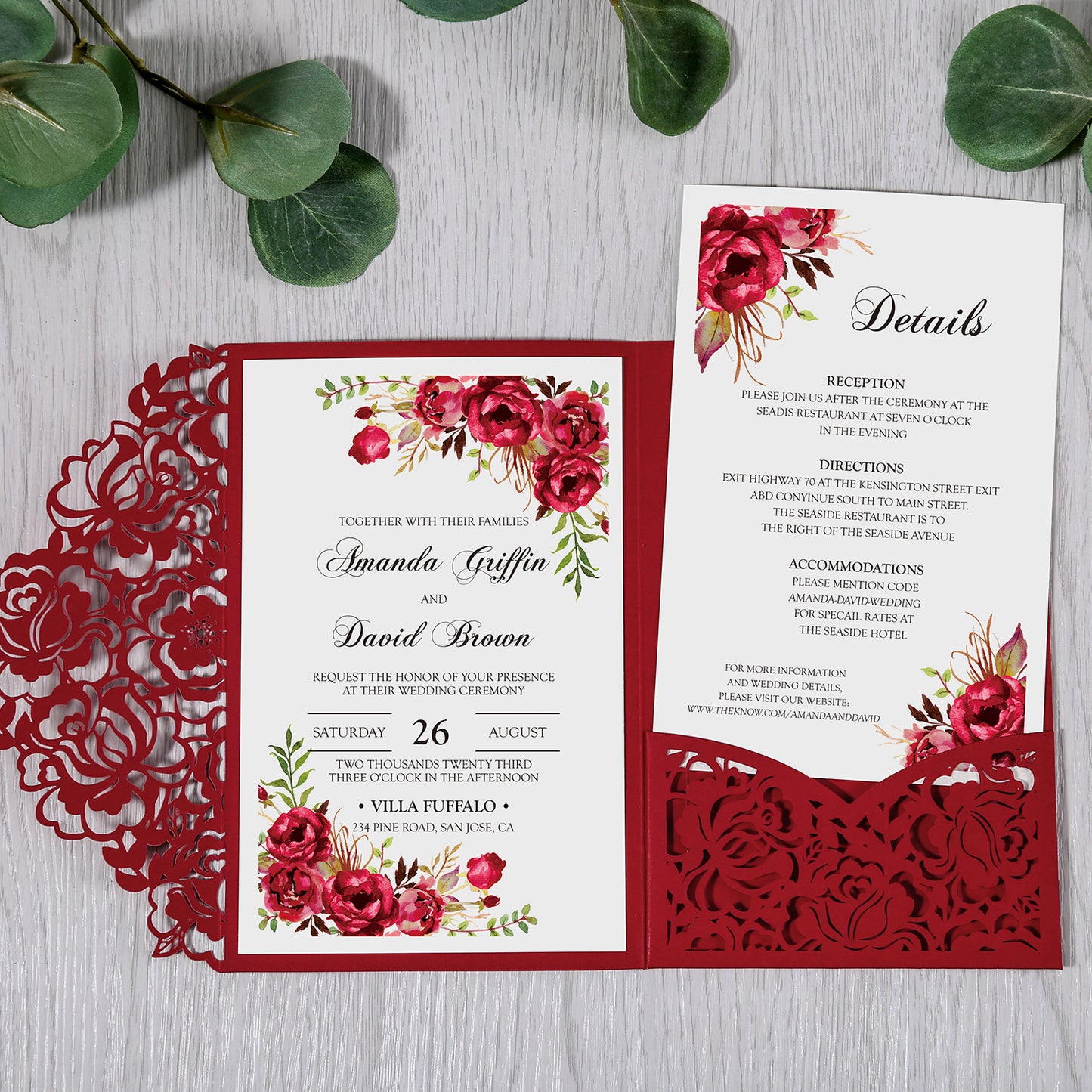 Red Floral Laser cut invitation cards for Wedding - DorisHome