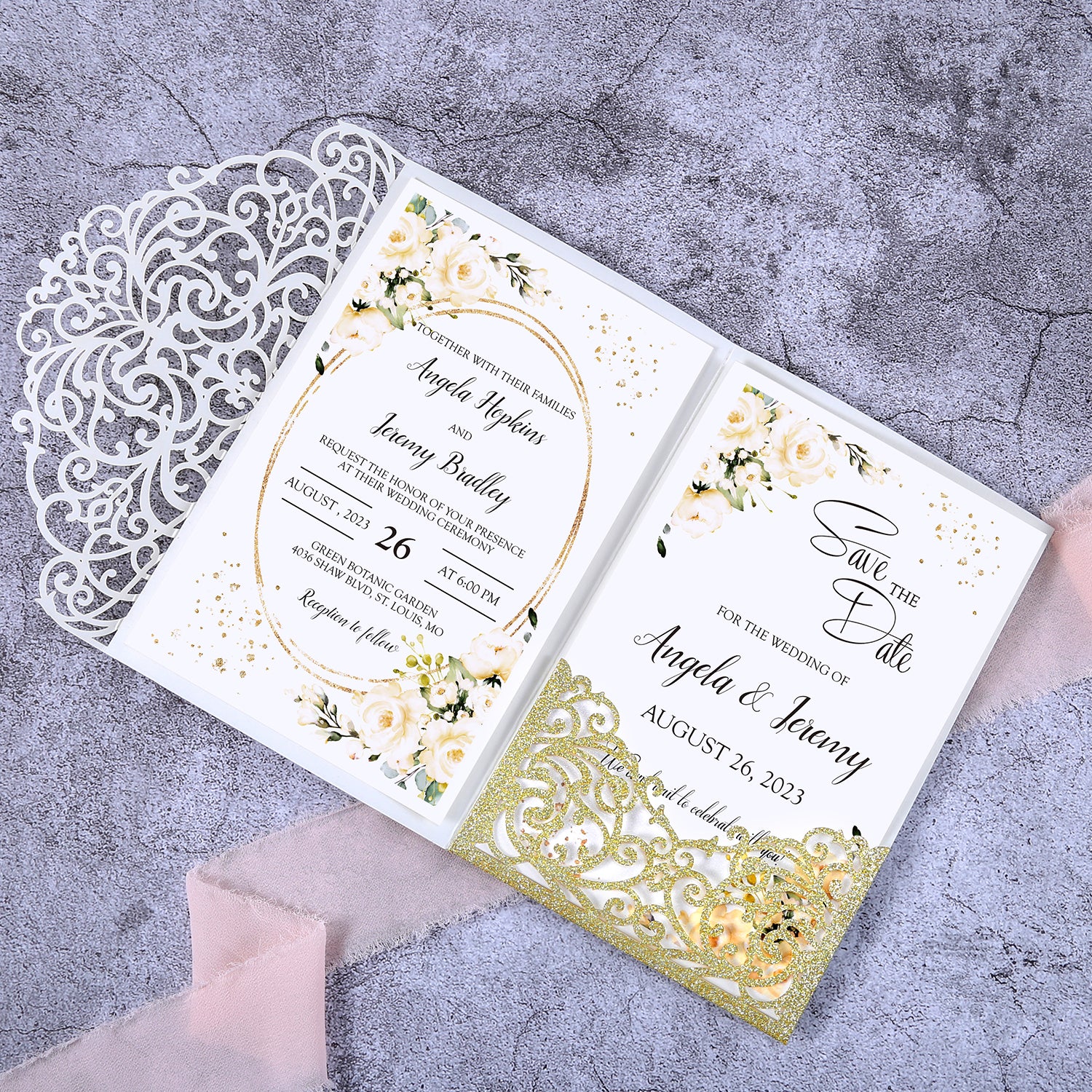 4.7 x7 inch Gold Glitter Laser Cut Hollow Rose Wedding Invitations Cards with Glitter Pockets and Envelopes for Wedding Party - DorisHome