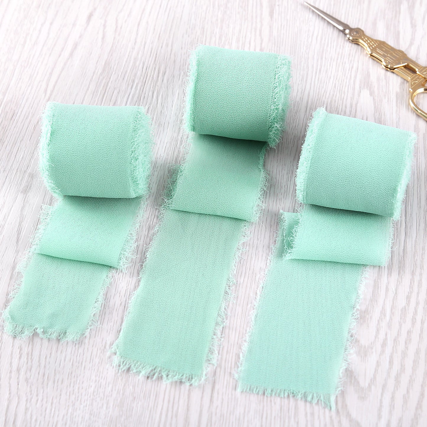 DORIS HOME Handmade Fringe Chiffon Silk-Like Ribbon 2" x 7Yd Set of 3 Rolls Ribbons for Wedding Invitations, Bouquets, Gift Wrapping (3 Rolls Mint Green)