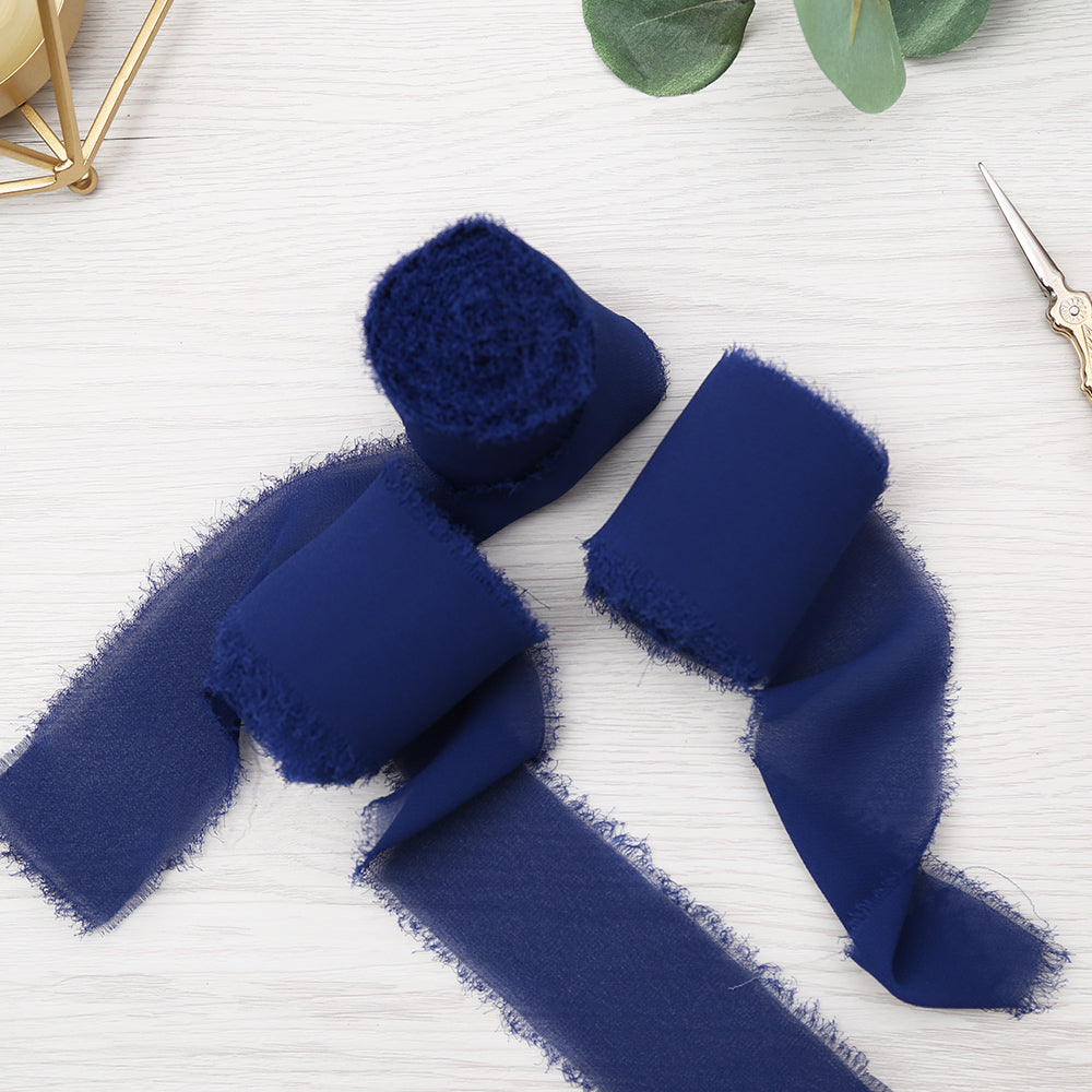 Handmade Fringe Chiffon Silk-Like Ribbon 2" x 7Yd Set of 3 Rolls Ribbons for Wedding Invitations, Bouquets, Gift Wrapping (3 Rolls Navy Blue) - DorisHome