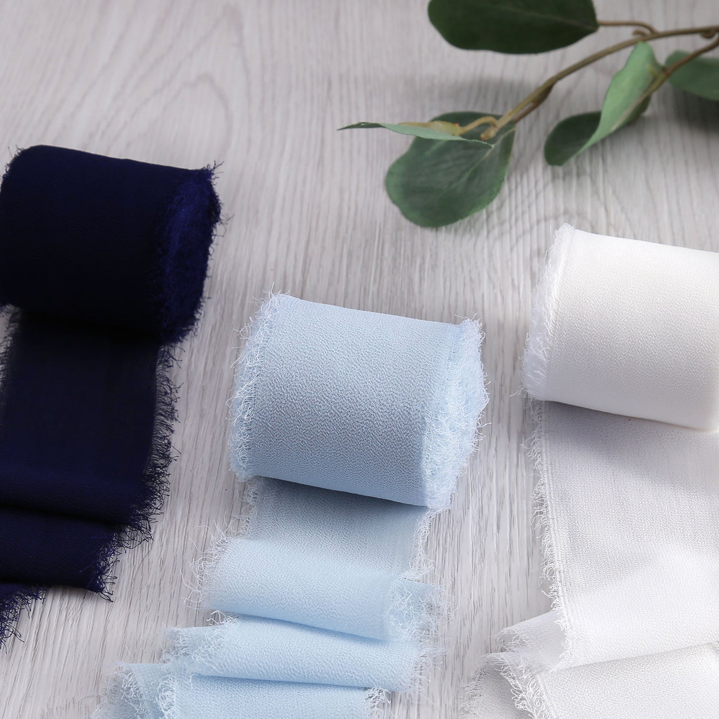 Handmade Fringe Chiffon Silk-Like Ribbon 2" x 7Yd Set of 3 Rolls Ribbons for Wedding Invitations, Bouquets, Gift Wrapping (3 Rolls Dark Navy Blue/Baby Blue/Ivory)