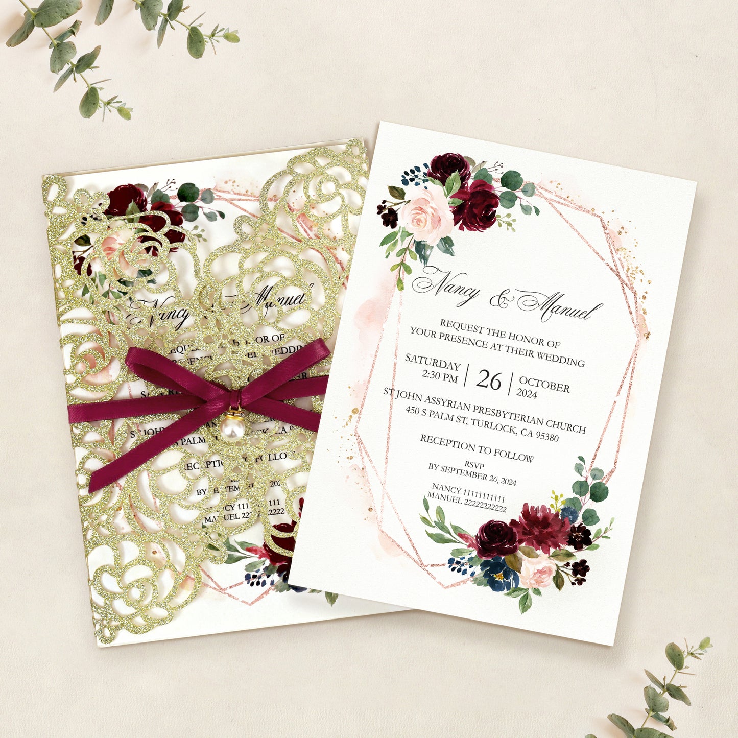 Gold Glitter Floral Laser cut invitation cards with Burgundy Ribbon and Pearl for Wedding Anniversary