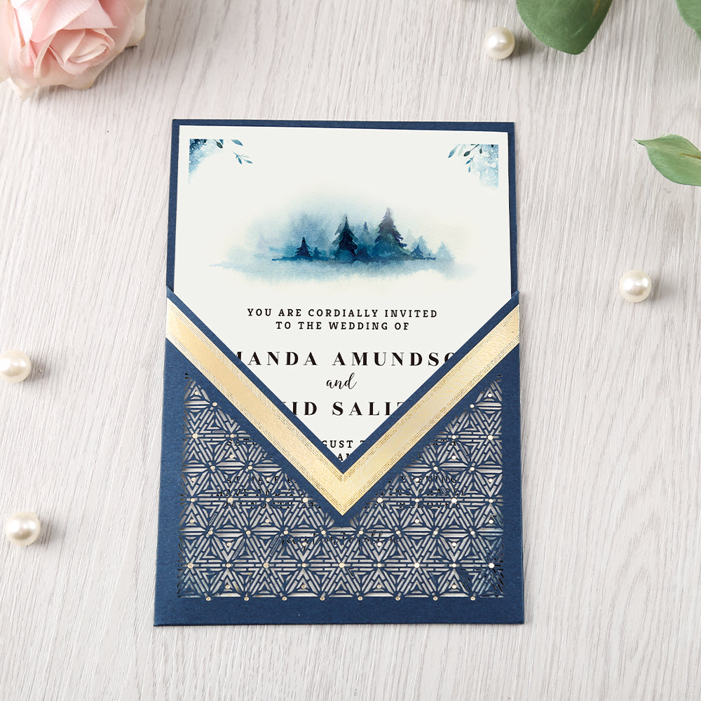 Blue Floral Laser cut invitation cards for Wedding, Anniversary - DorisHome