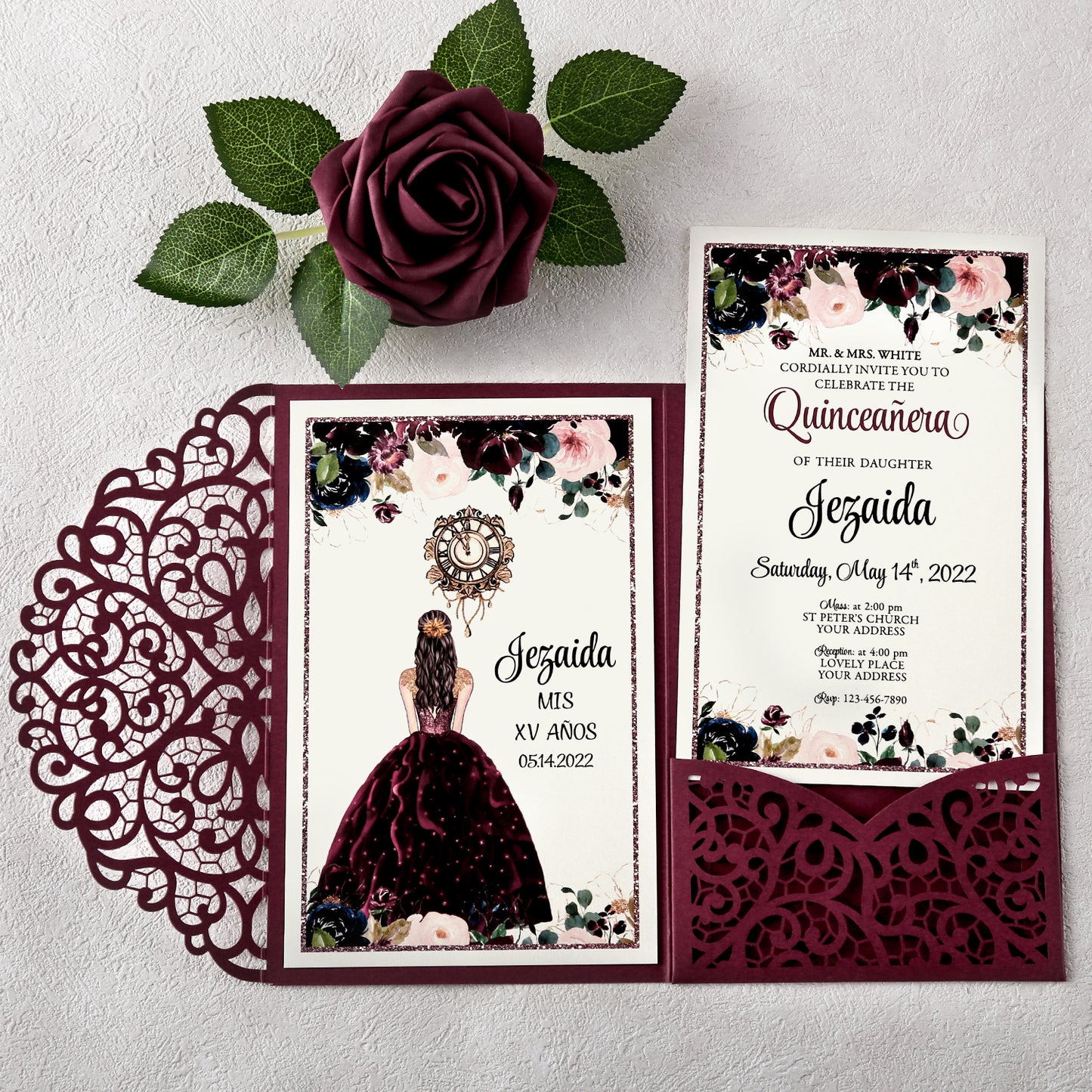 4.7 x7 inch Burgundy Laser Cut Hollow Rose Quinceanera Invitations Cards with Envelopes for Quinceanera Party