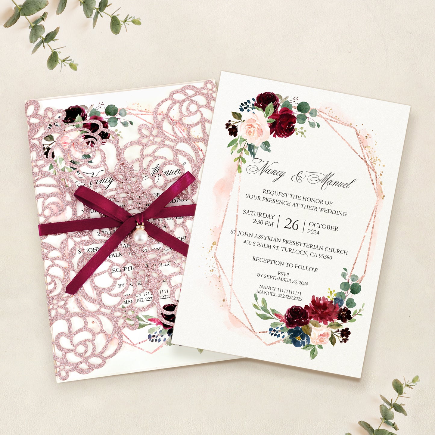 Rose Gold Glitter Floral Laser cut invitation cards with Burgundy Ribbon and Pearl for Wedding Anniversary