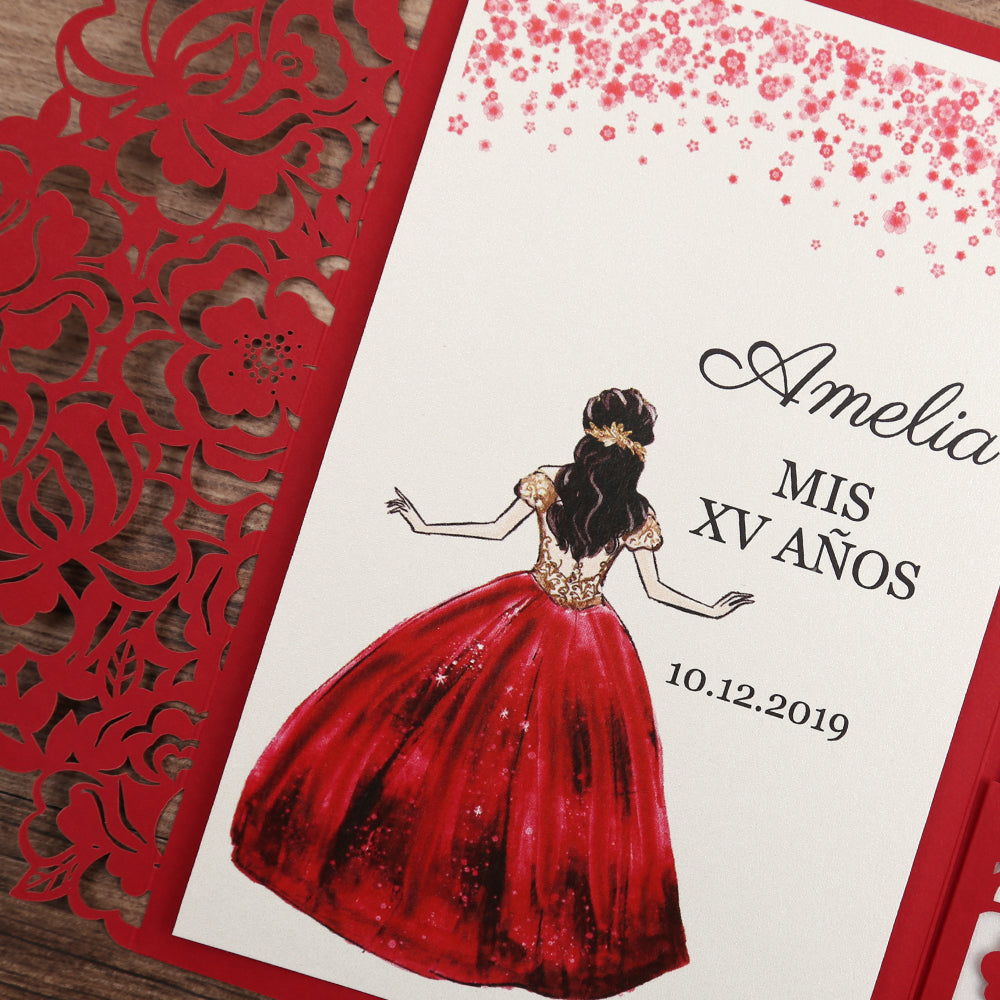 Red Floral Laser cut invitation cards for Quinceanera - DorisHome