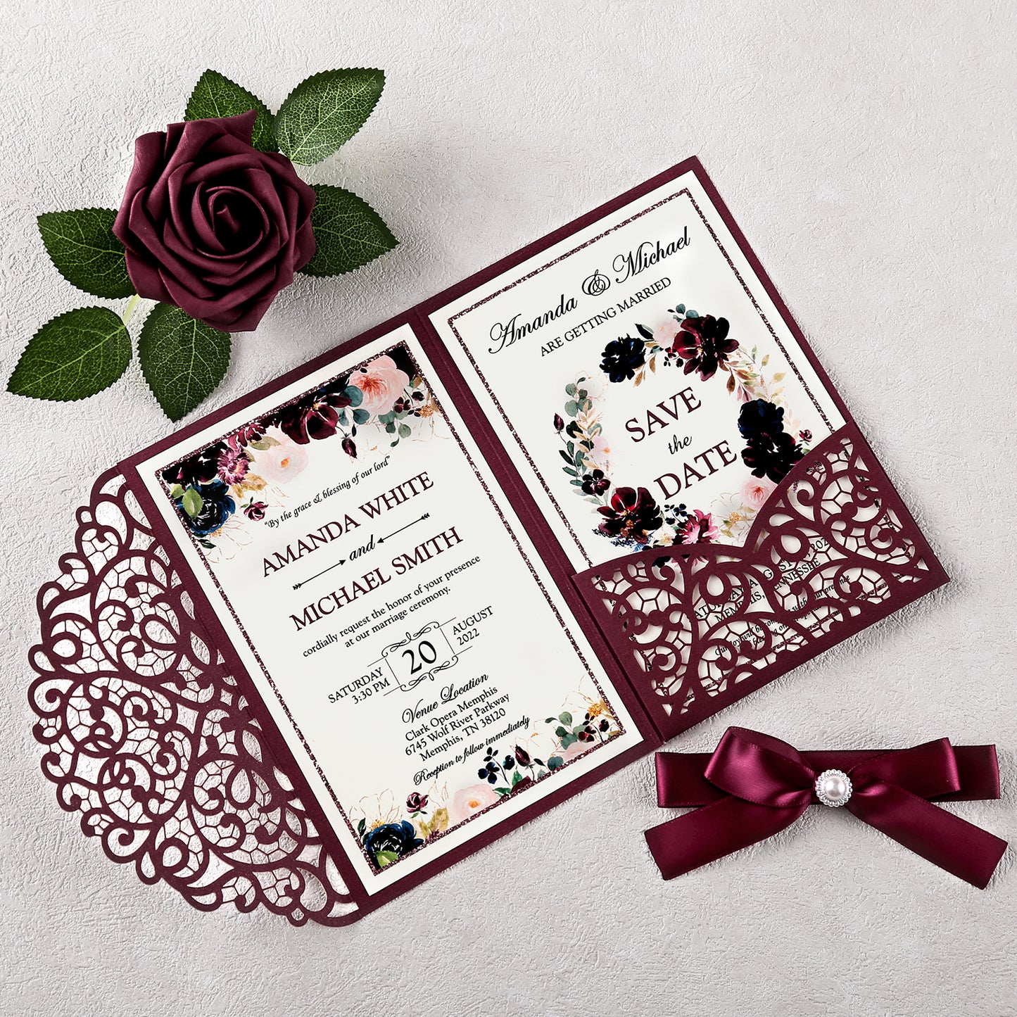 4.7 x7 inch Burgundy Laser Cut Hollow Rose Wedding Invitations Cards with Envelopes for Wedding Party