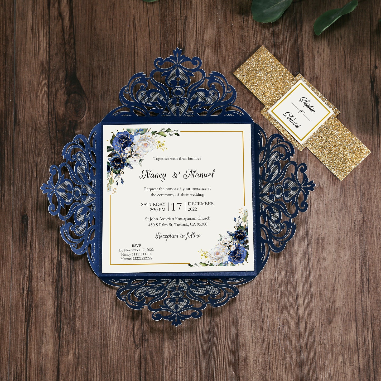Square Blue Wedding Invitations for Wedding, Bridal Shower, Dinner, Party