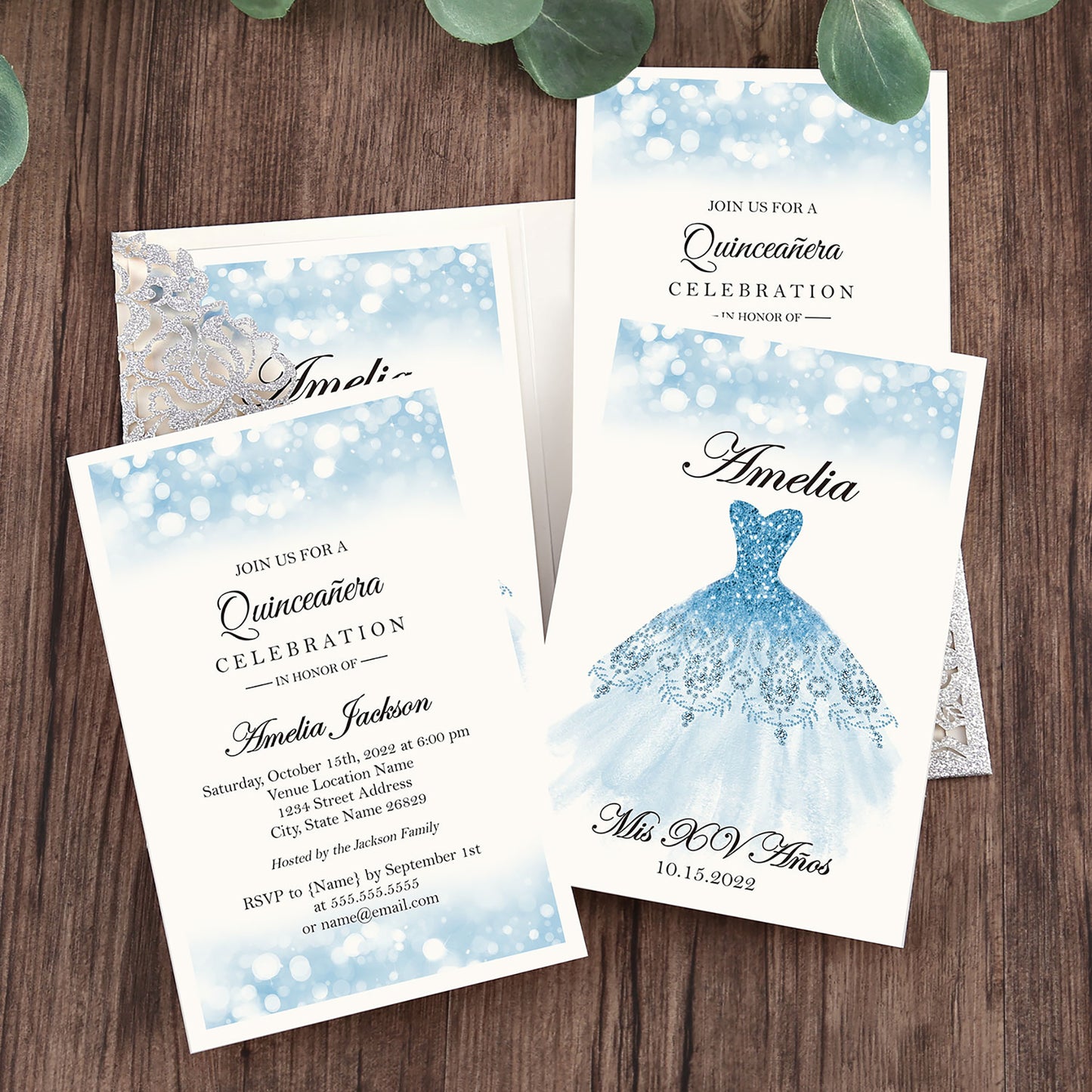 Glitter Silver Floral Laser cut invitation cards for Quinceanera