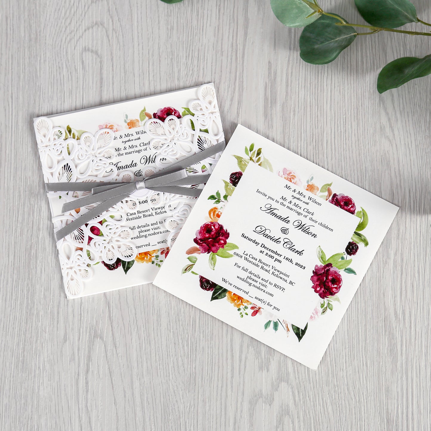 White Laser Cut with Gray Bowknot wedding invitation