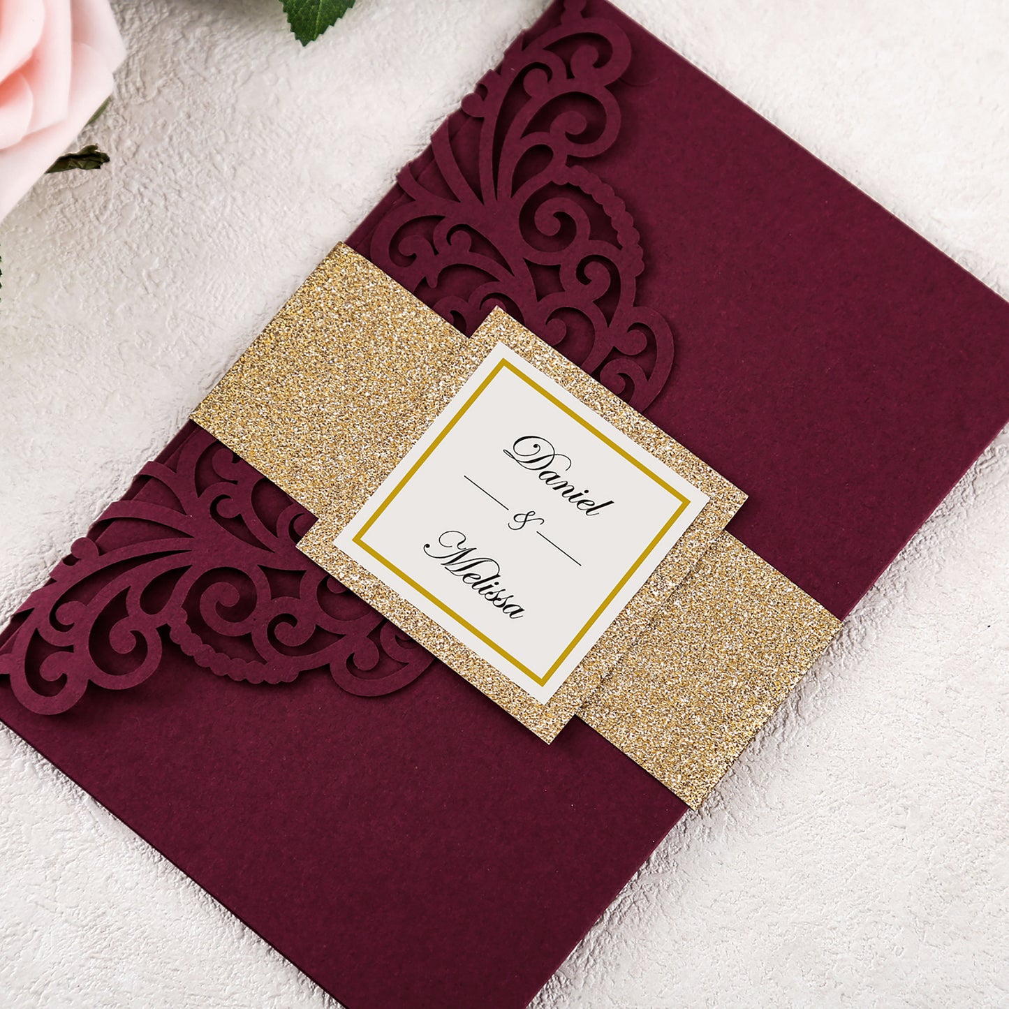 DreamBuilt 4.7 x7 inch Burgundy Laser Cut Wedding Invitations With Envelopes Kit Hollow Rose Pocket And Gold Glitter Belly Band for Wedding Bridal Shower Engagement Invite