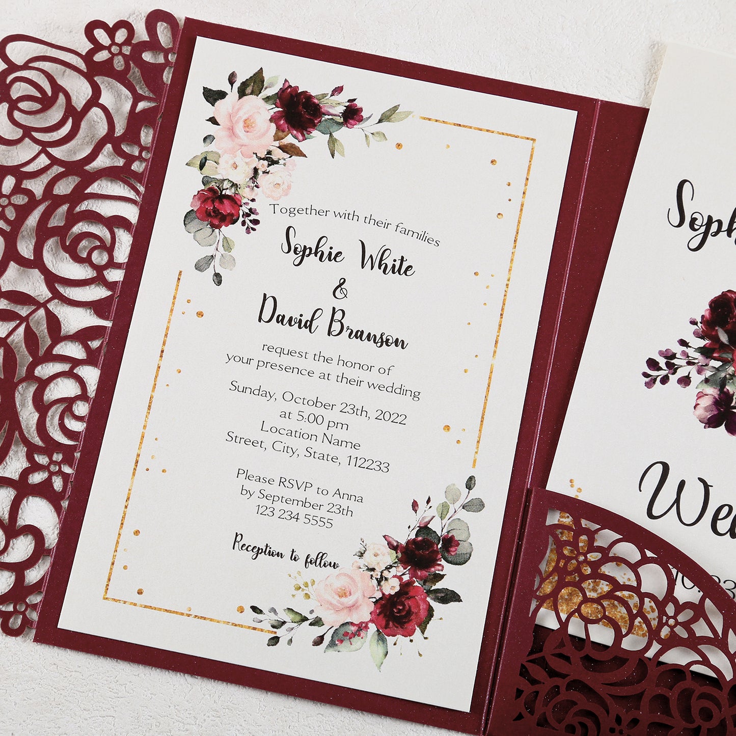 4.7 x7 inch Burgundy Laser Cut Hollow Rose Wedding Invitations Cards with Pearlized Pockets and Envelopes for Wedding Bridal Shower - DorisHome