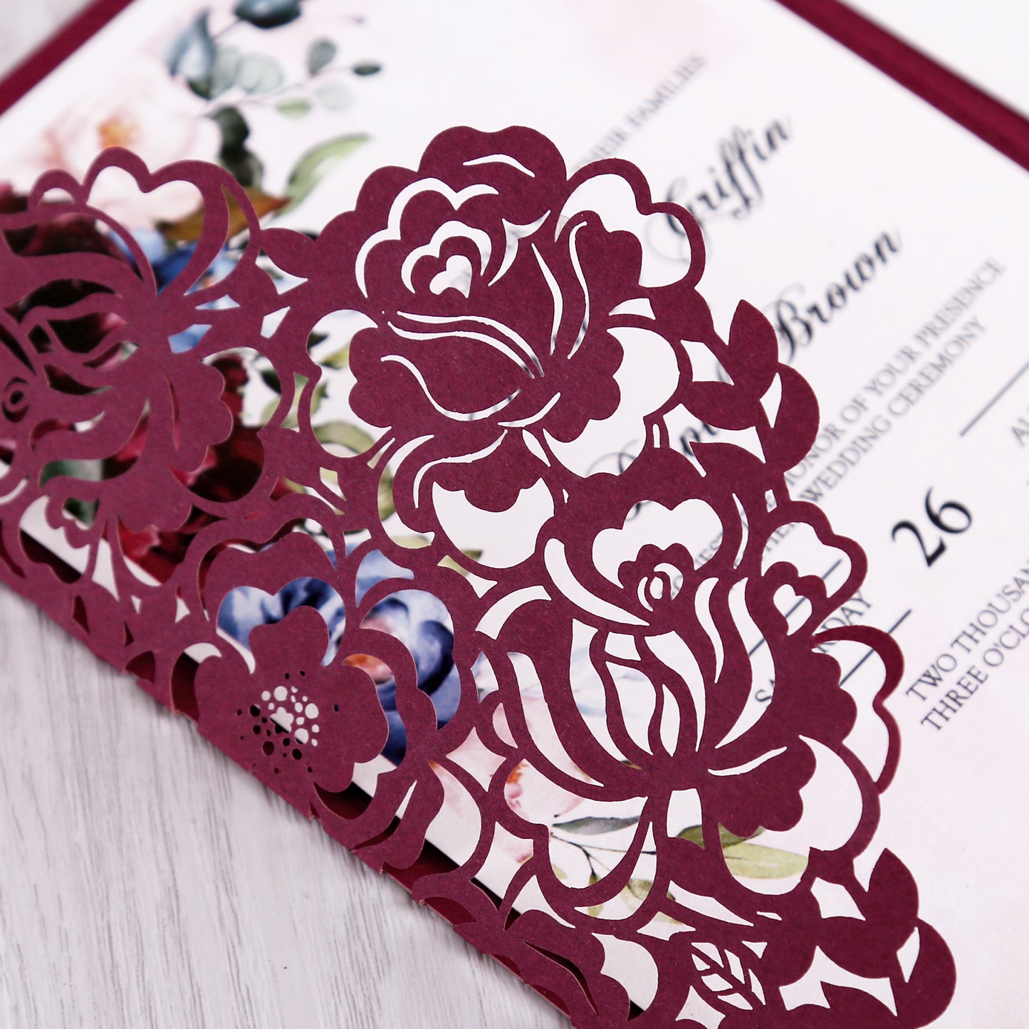 Burgundy Floral Laser cut invitation cards for Wedding