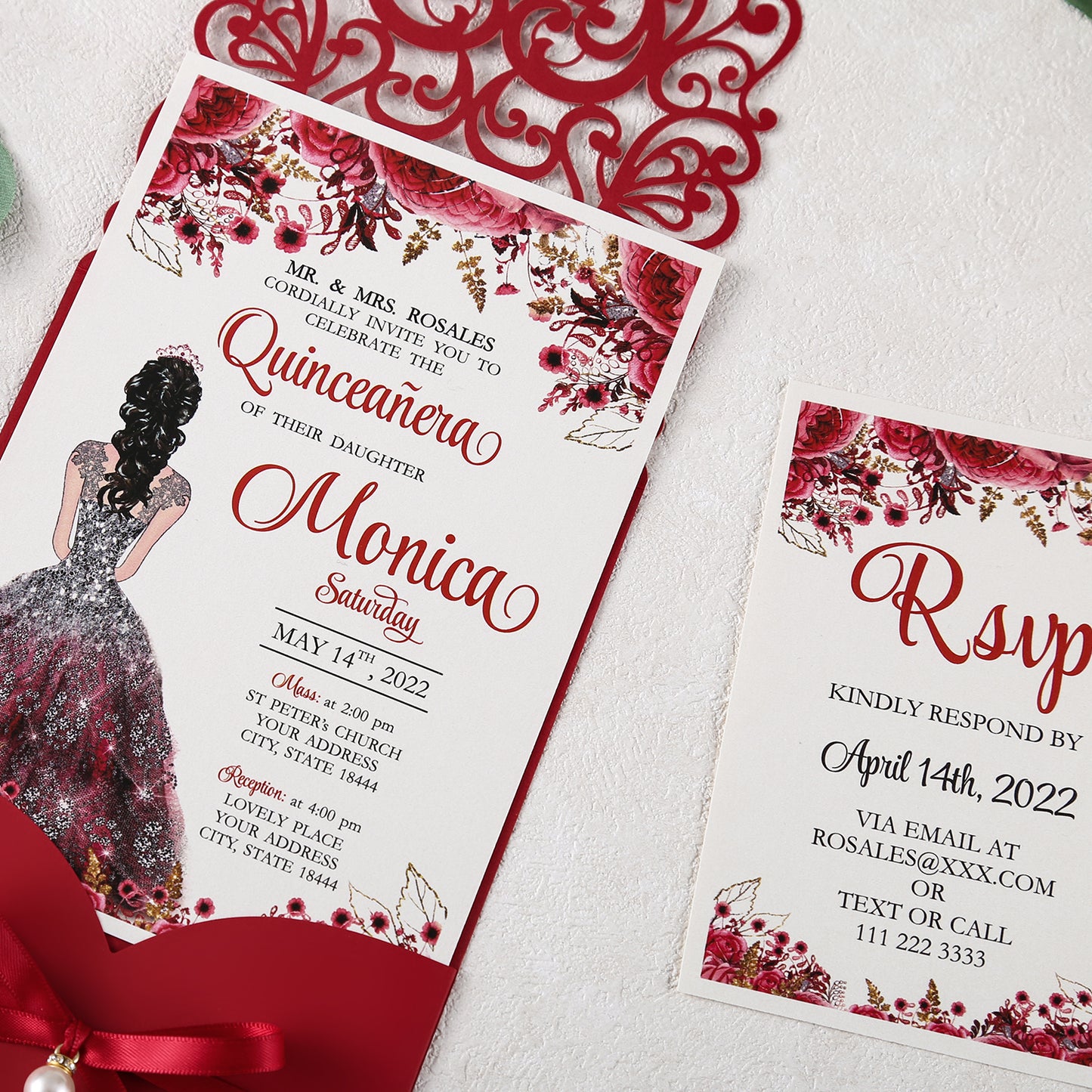 Red Floral Laser cut invitation cards with ribbon belly band and pearl for Quinceanera - DorisHome
